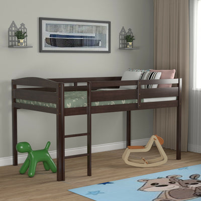 Wooden Twin Low Loft Bunk Bed with Guard Rail and Ladder-Dark BrownÂ 