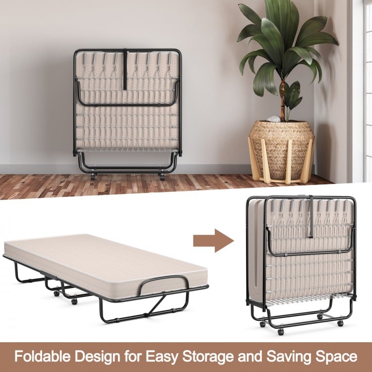 Rollaway Guest Bed with Sturdy Steel Frame and Memory Foam Mattress Made in Italy-Beige