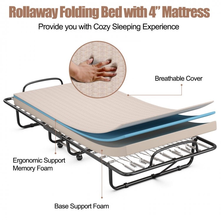 Rollaway Guest Bed with Sturdy Steel Frame and Memory Foam Mattress Made in Italy-Beige