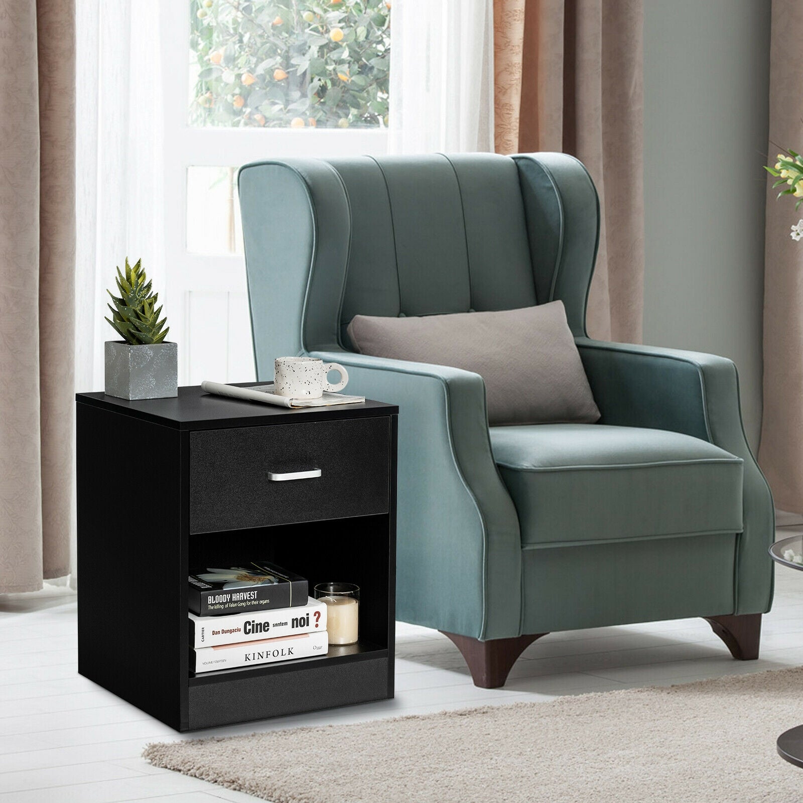 Modern Nightstand with Storage Drawer and Cabinet-Black