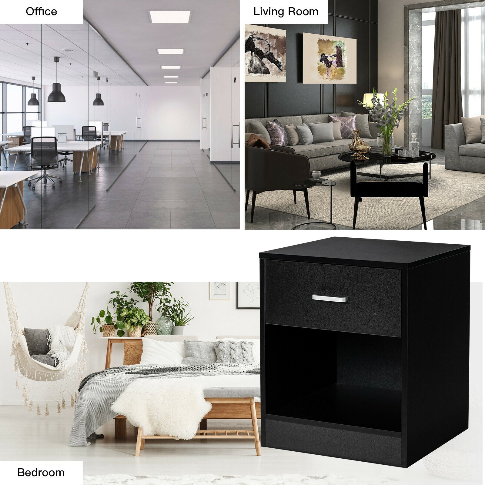 Modern Nightstand with Storage Drawer and Cabinet-Black