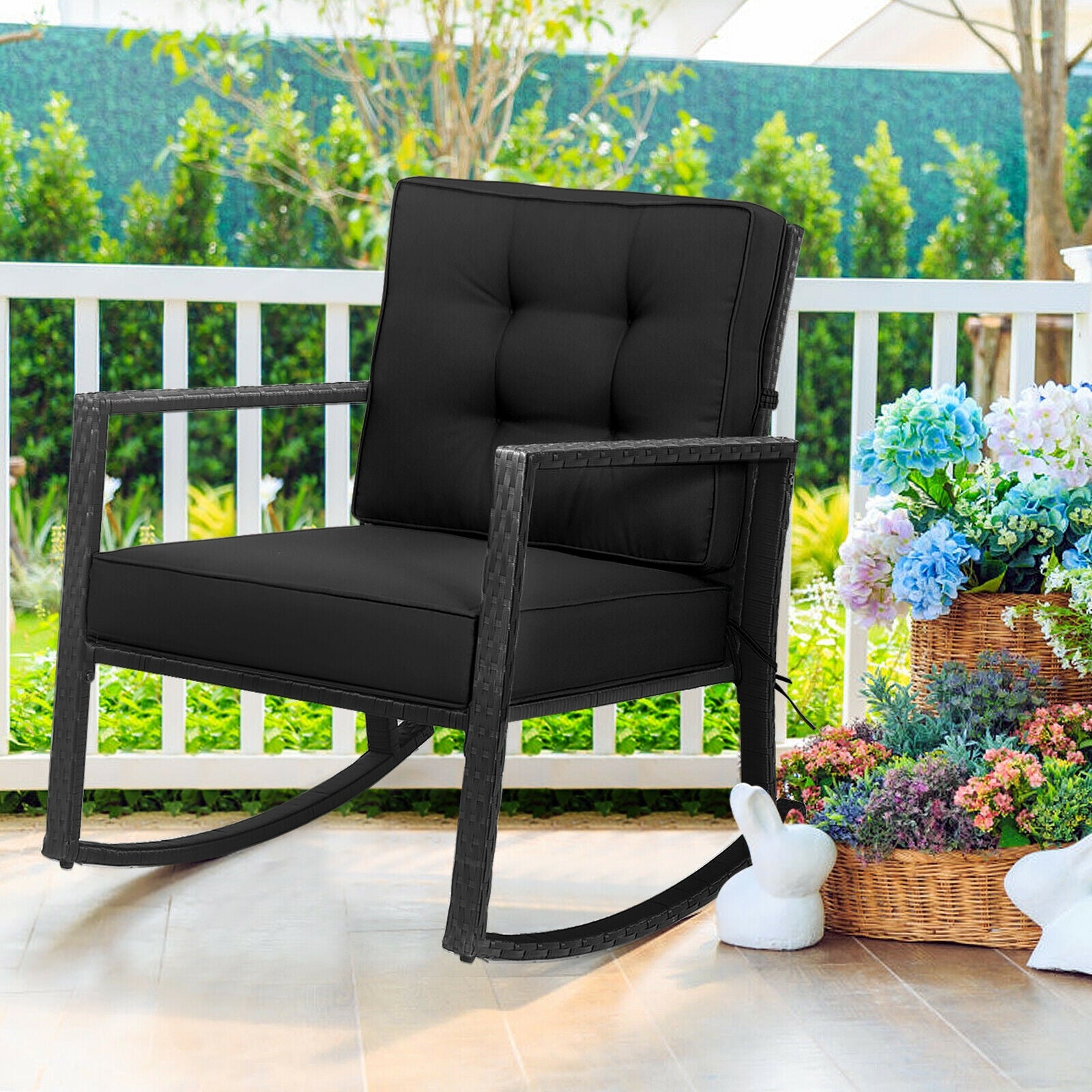 Patio Rattan Rocker Outdoor Glider Rocking Chair Cushion Lawn-Black 