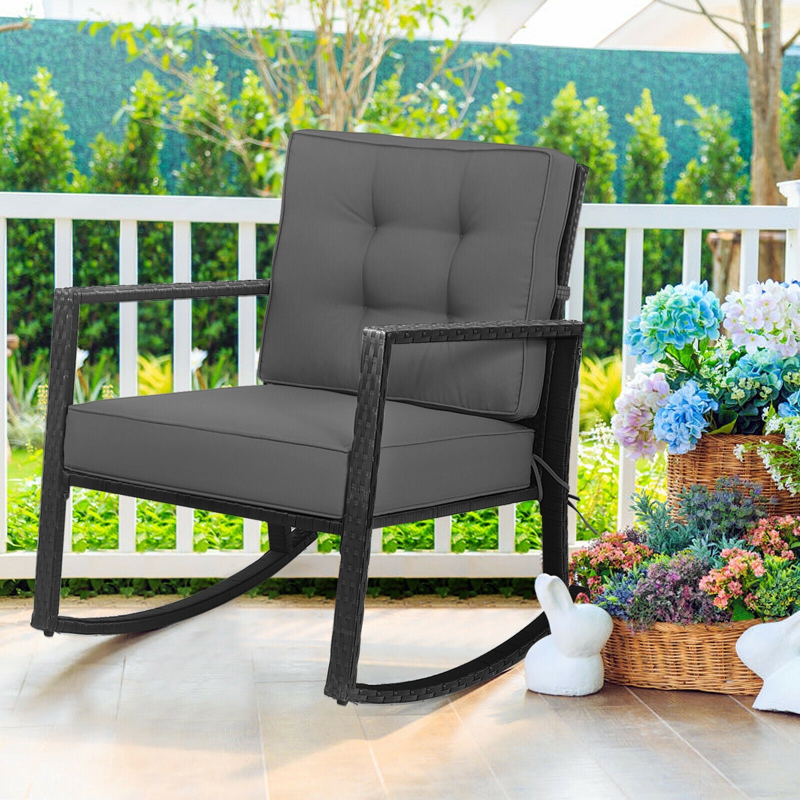 Patio Rattan Rocker Outdoor Glider Rocking Chair Cushion Lawn-Gray 