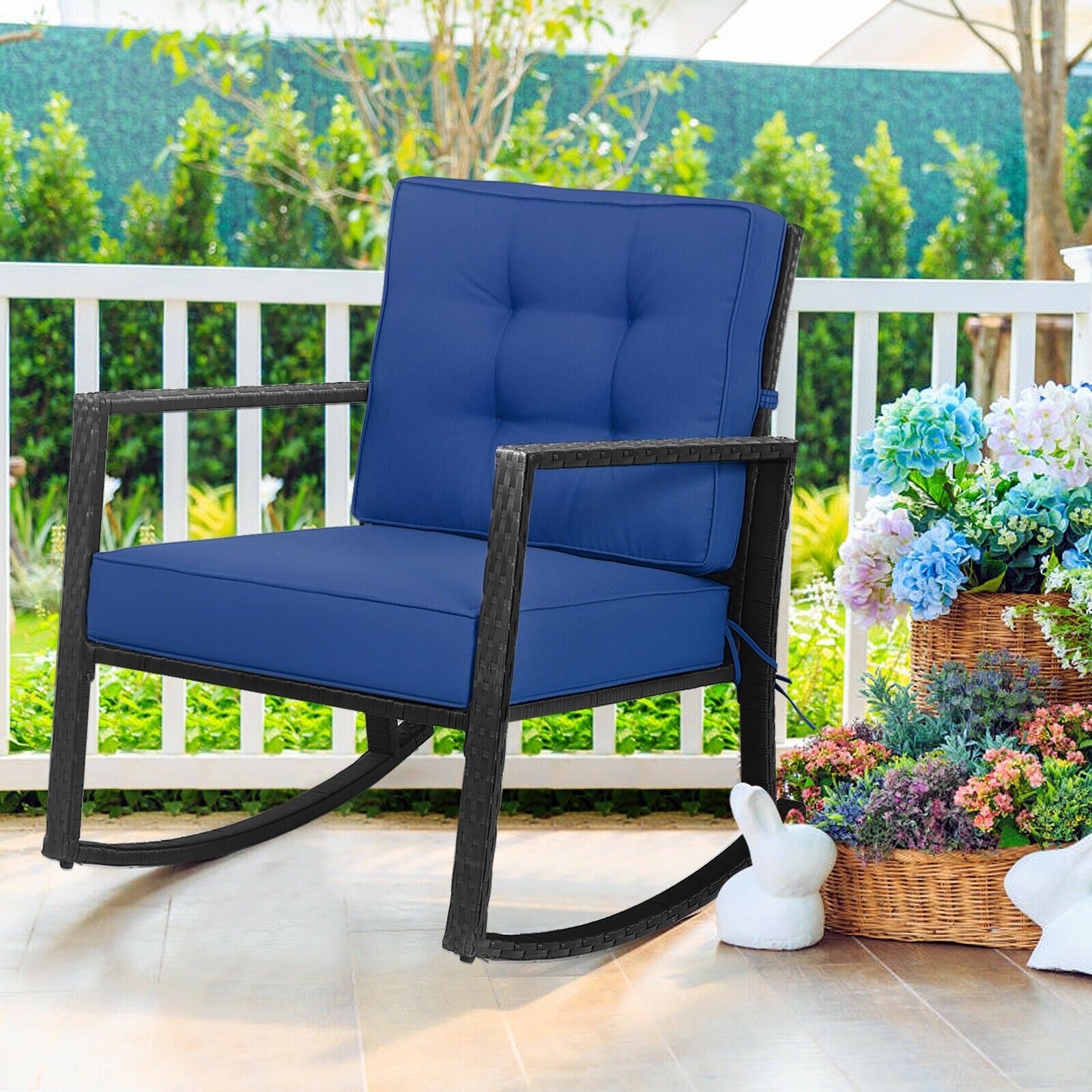 Patio Rattan Rocker Outdoor Glider Rocking Chair Cushion Lawn-Navy 