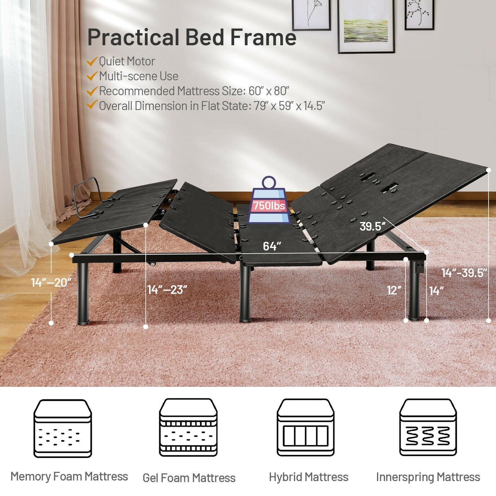 Queen Size Adjustable Bed Base with Head and Foot Incline