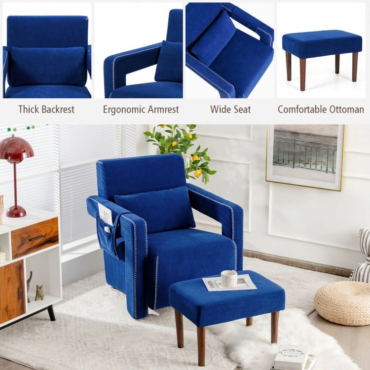 Modern Berber Fleece Single Sofa Chair with Ottoman and Waist Pillow-Blue