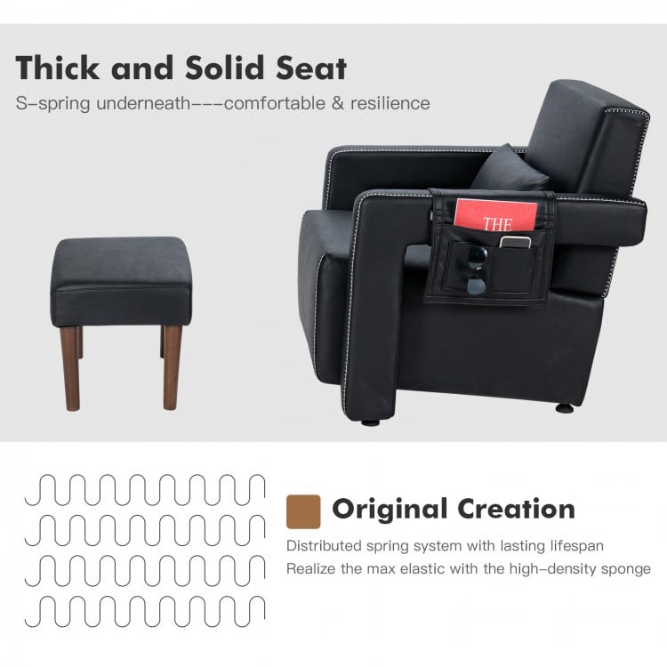 Modern Berber Fleece Single Sofa Chair with Ottoman and Waist Pillow-Black