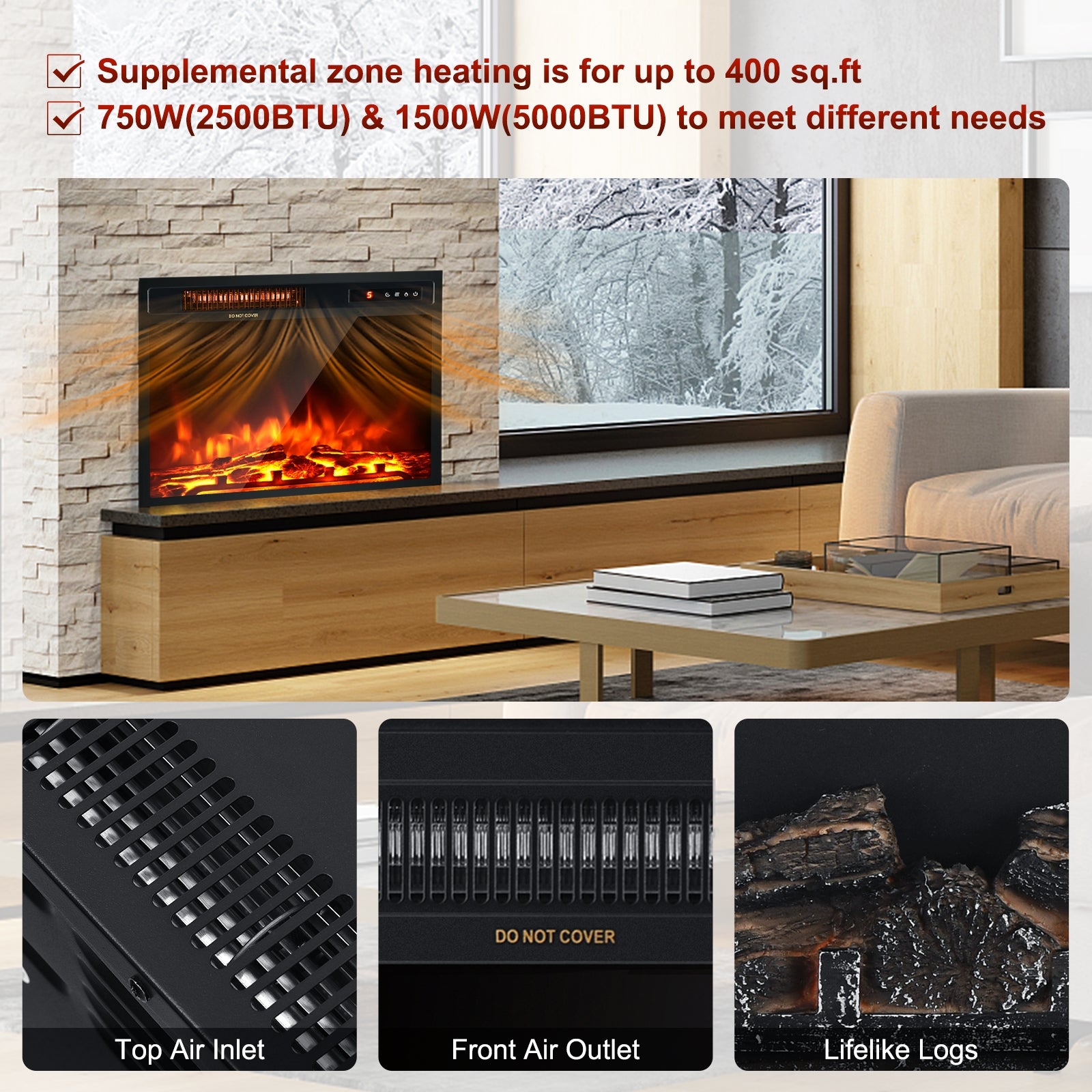 18 Inch 1500W Electric Fireplace Freestanding and Recessed Heater