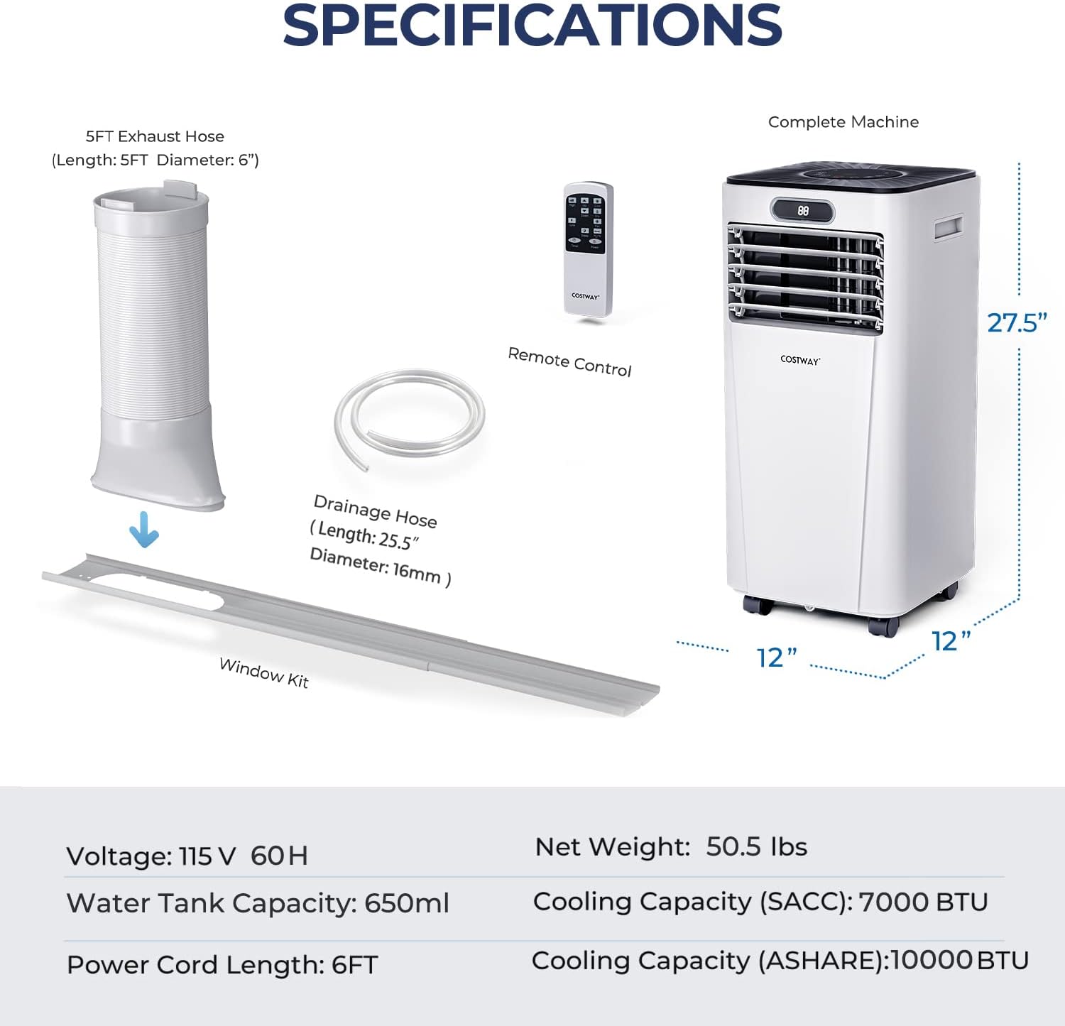 10000 BTU 4-in-1 Portable Air Conditioner with Dehumidifier and Fan Mode-White 