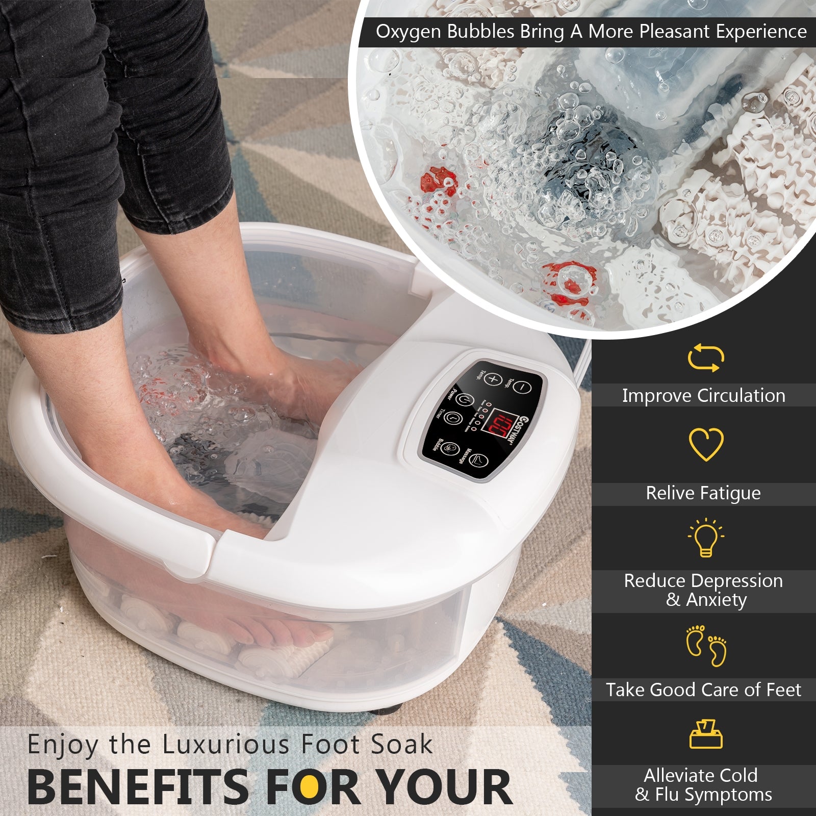 Foot Spa Tub with Bubbles and Electric Massage Rollers for Home Use-White 