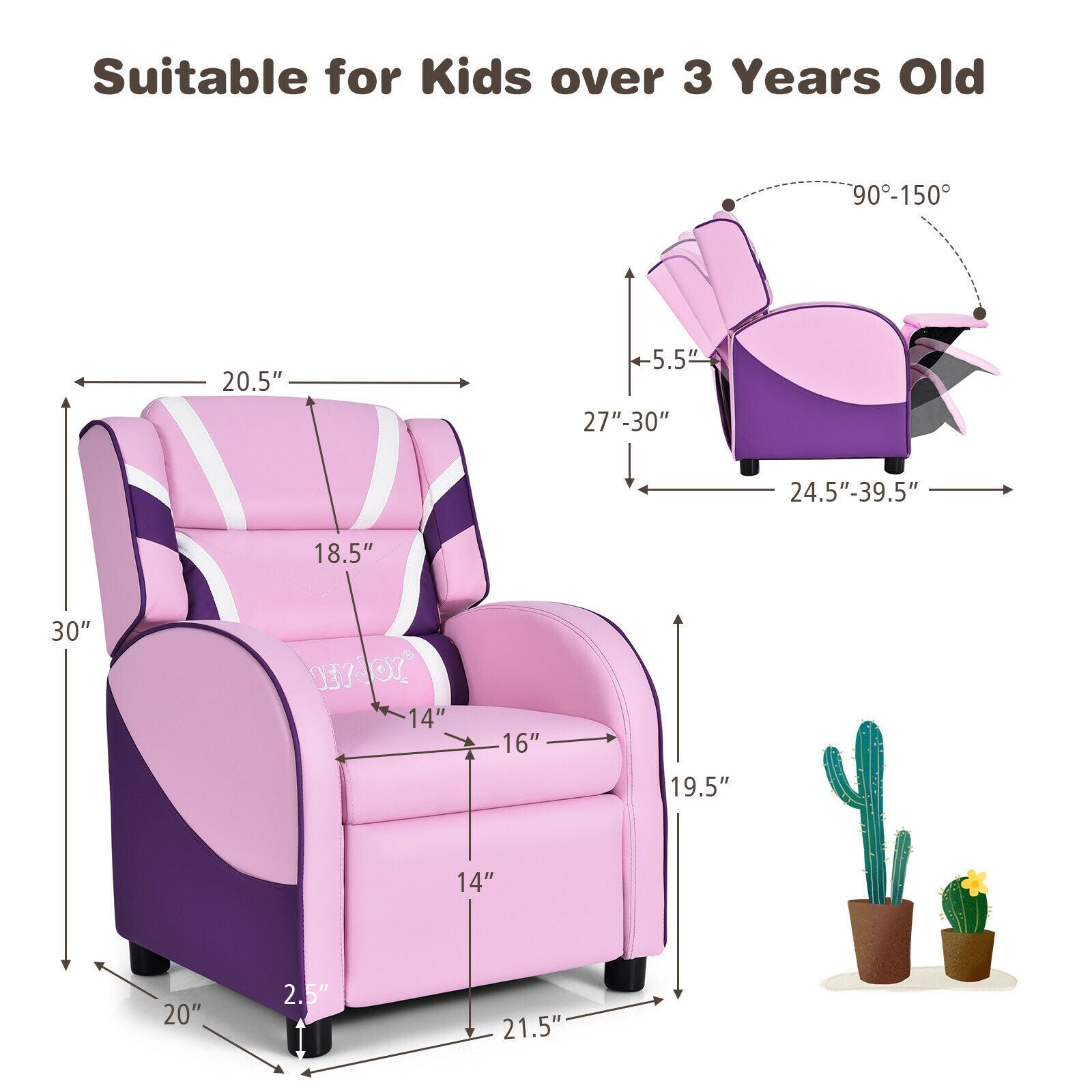 Kids Leather Recliner Chair with Side Pockets-Pink