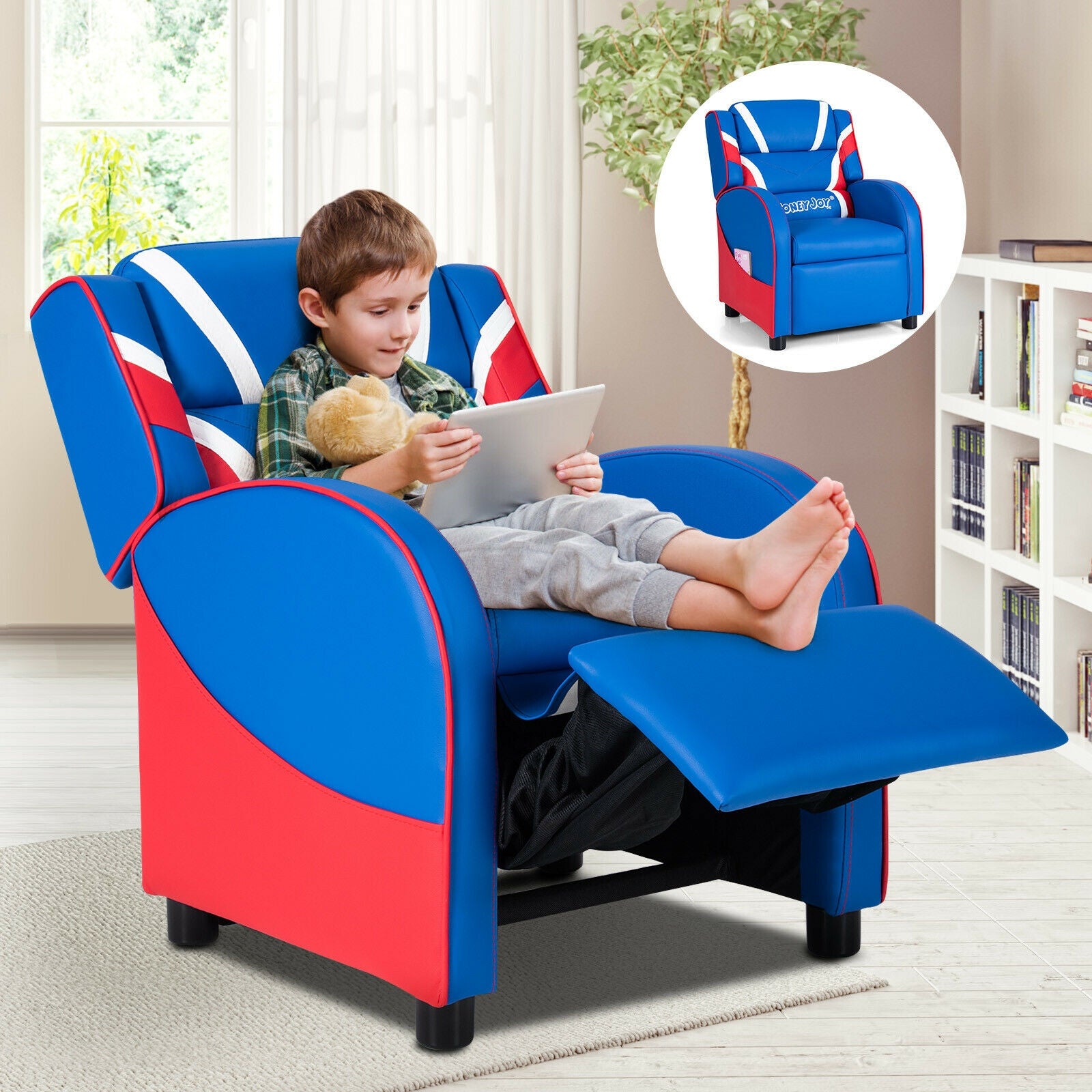 Kids Leather Recliner Chair with Side Pockets-Blue