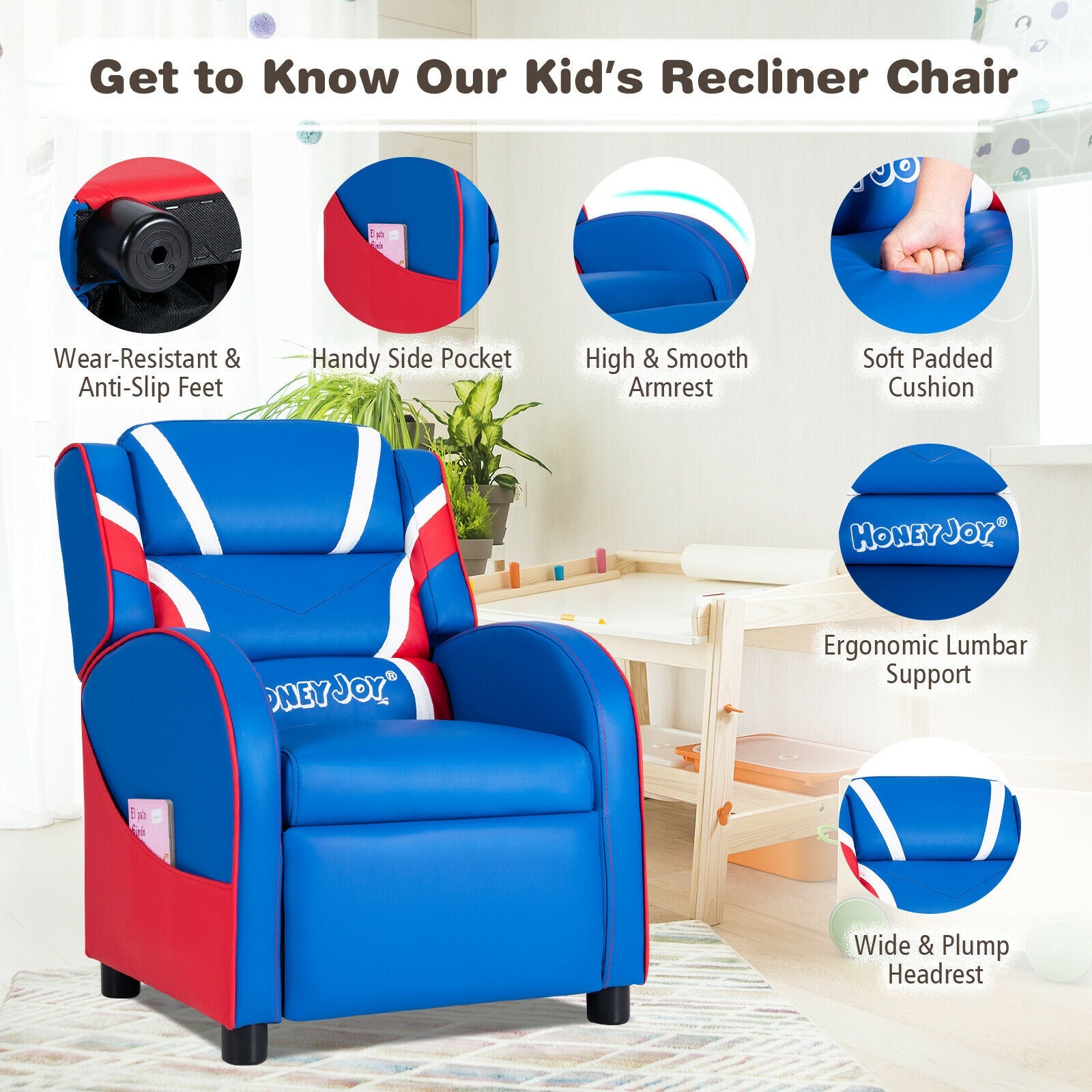 Kids Leather Recliner Chair with Side Pockets-Blue