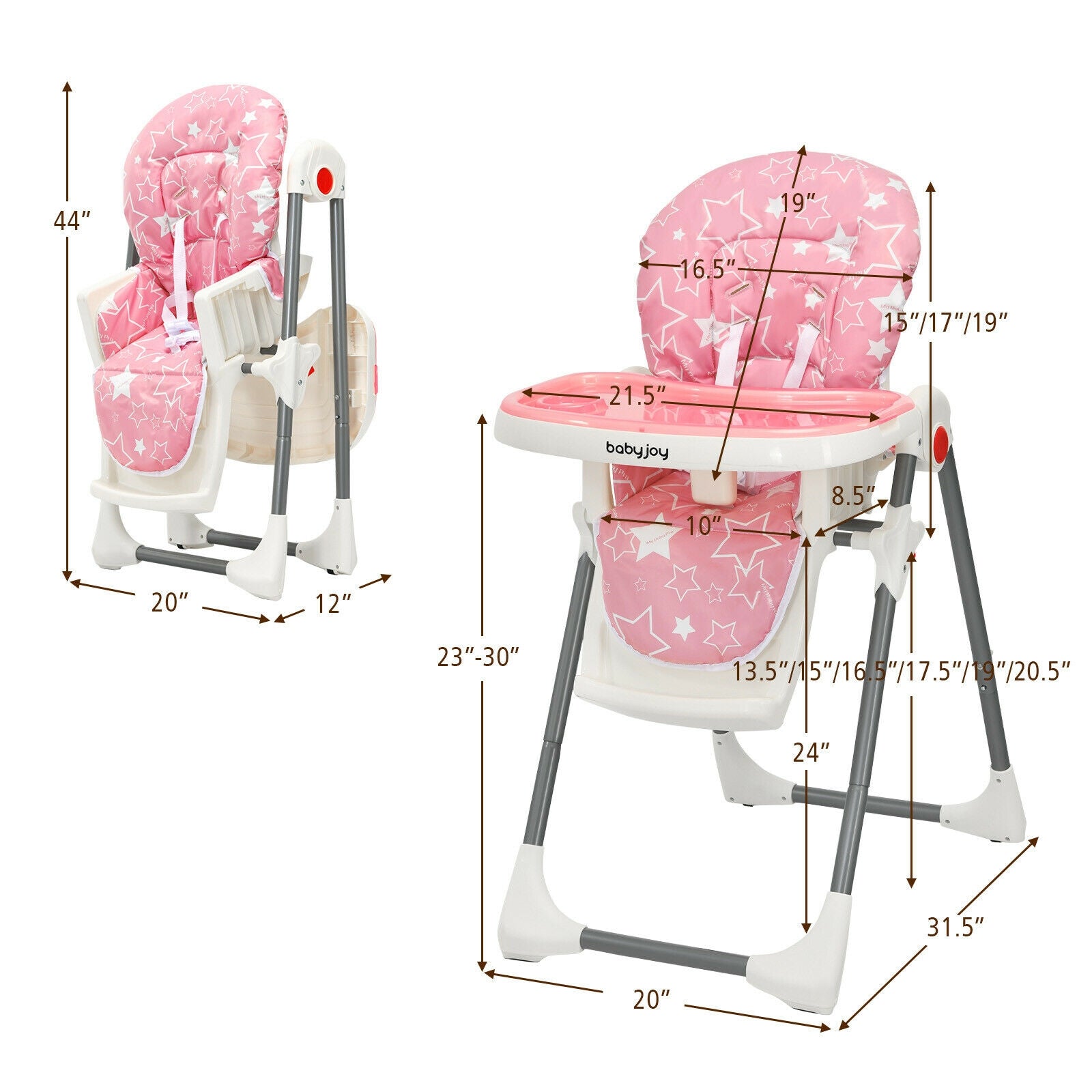 Folding Baby High Dining Chair with 6-Level Height Adjustment-Pink 