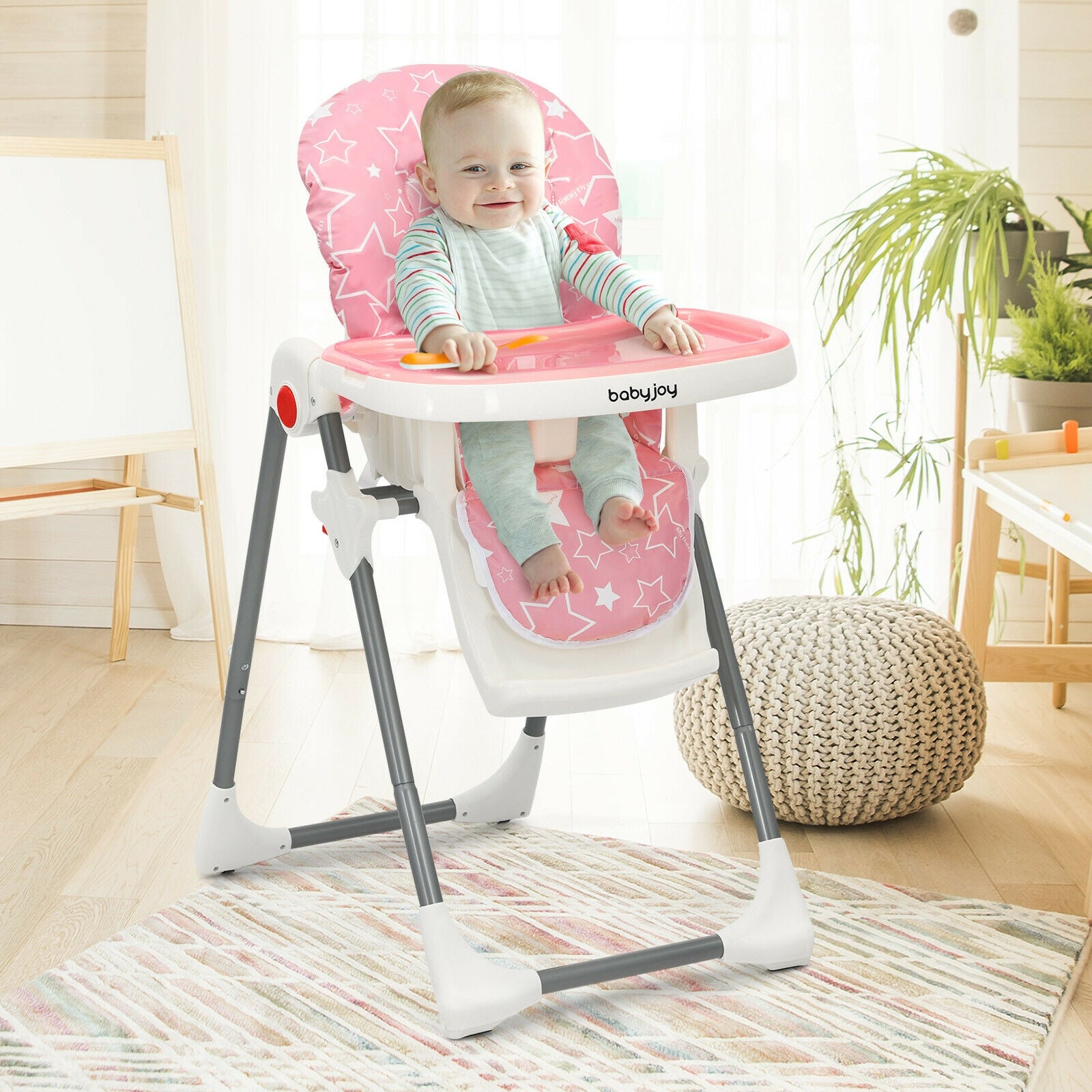 Folding Baby High Dining Chair with 6-Level Height Adjustment-Pink 