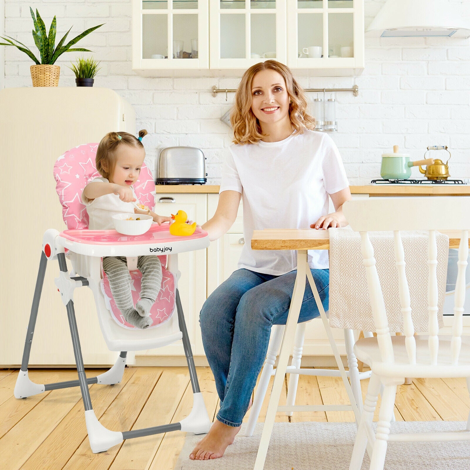 Folding Baby High Dining Chair with 6-Level Height Adjustment-Pink 