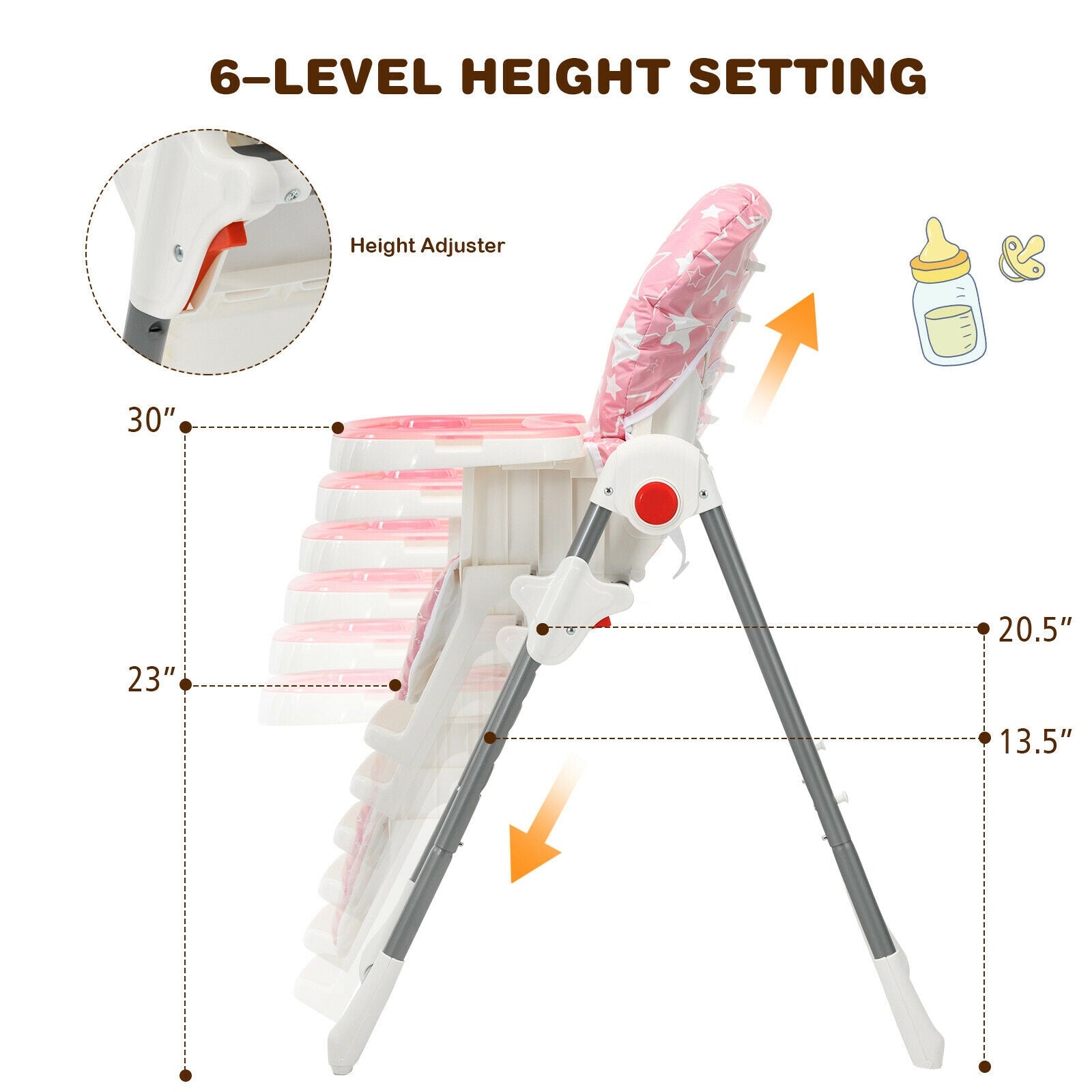 Folding Baby High Dining Chair with 6-Level Height Adjustment-Pink 