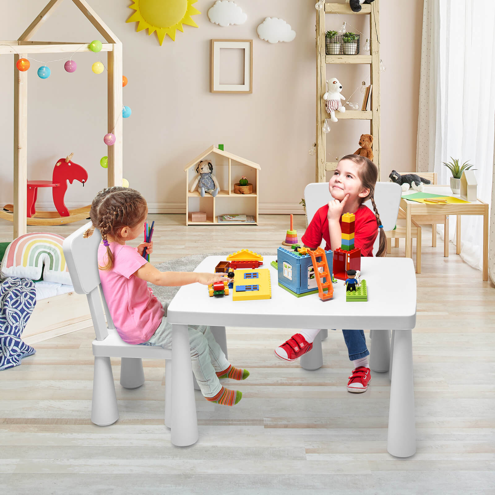 3 Pieces Toddler Multi Activity Play Dining Study Kids Table and Chair Set-WhiteÂ 