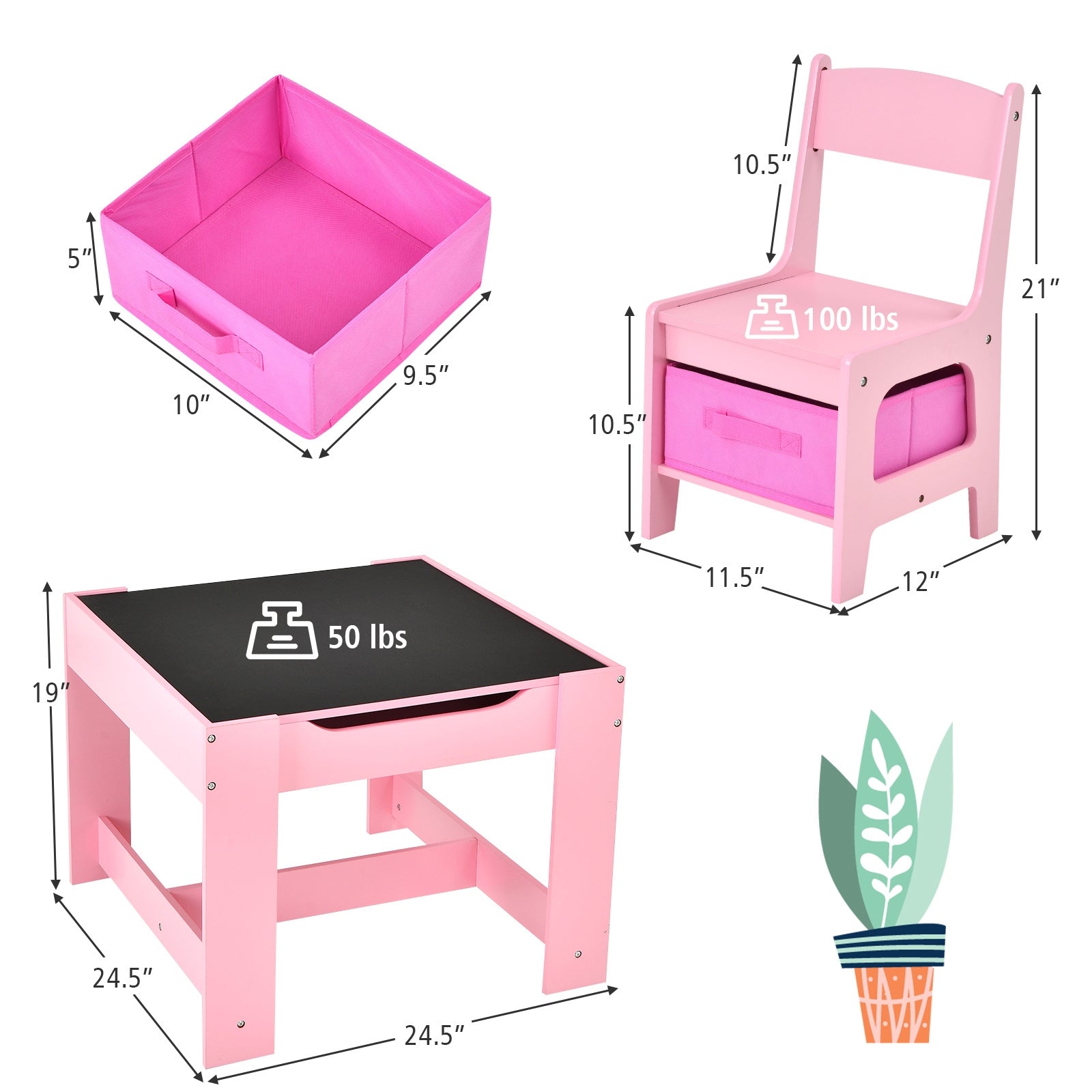 Kids Table Chairs Set With Storage Boxes Blackboard Whiteboard Drawing-Pink