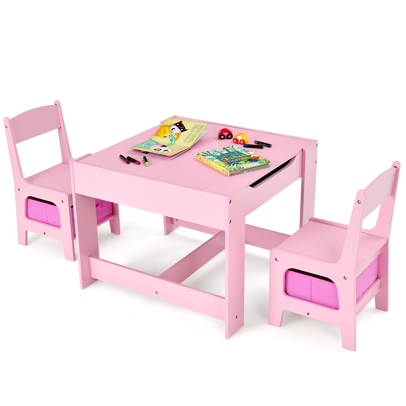 Kids Table Chairs Set With Storage Boxes Blackboard Whiteboard Drawing-Pink