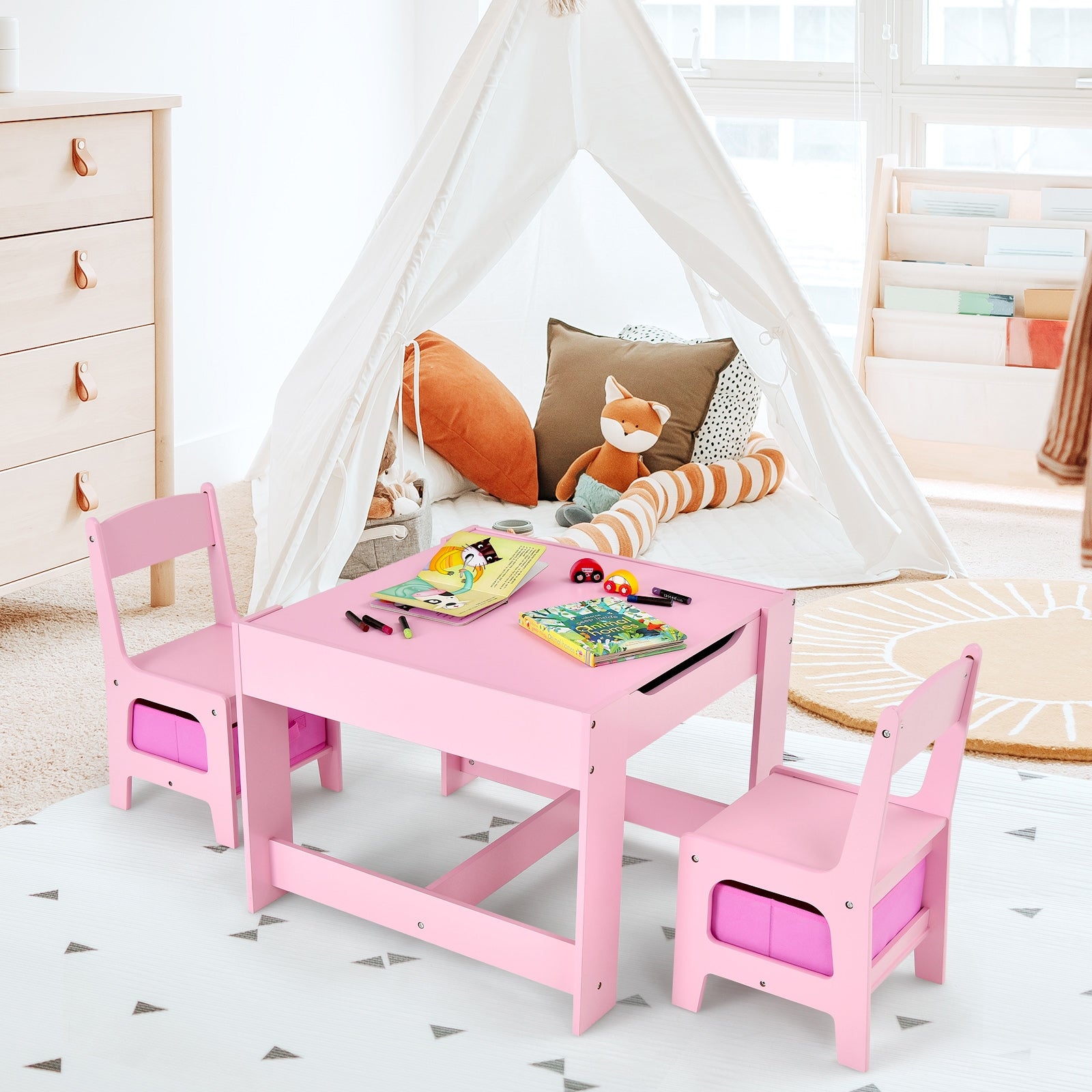 Kids Table Chairs Set With Storage Boxes Blackboard Whiteboard Drawing-Pink 