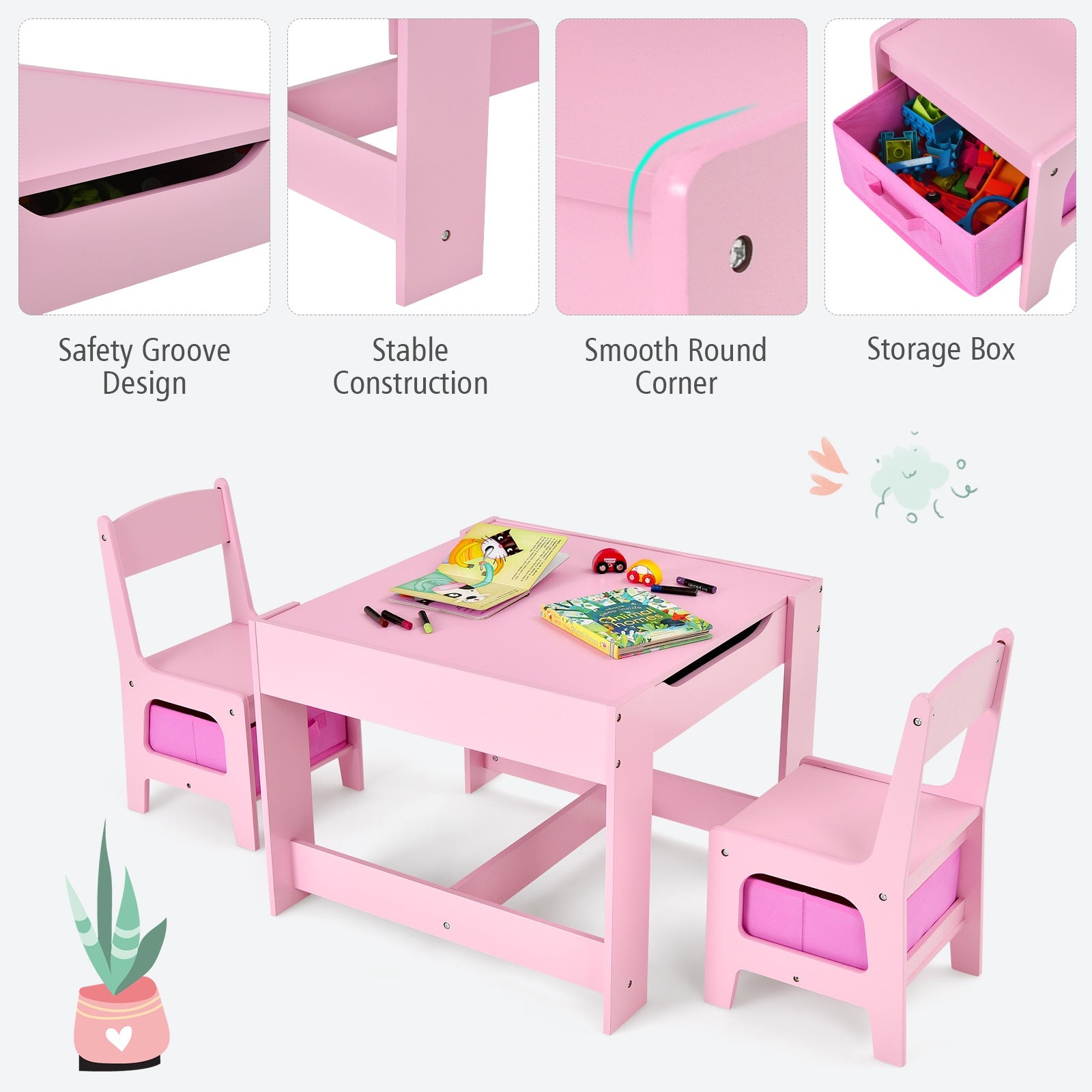 Kids Table Chairs Set With Storage Boxes Blackboard Whiteboard Drawing-Pink