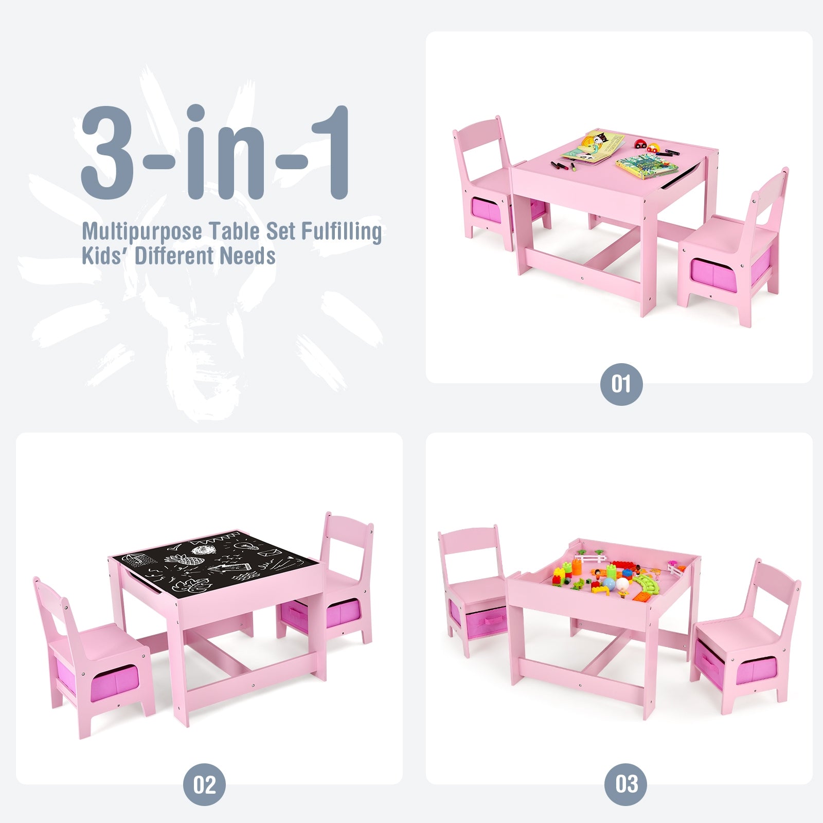 Kids Table Chairs Set With Storage Boxes Blackboard Whiteboard Drawing-Pink