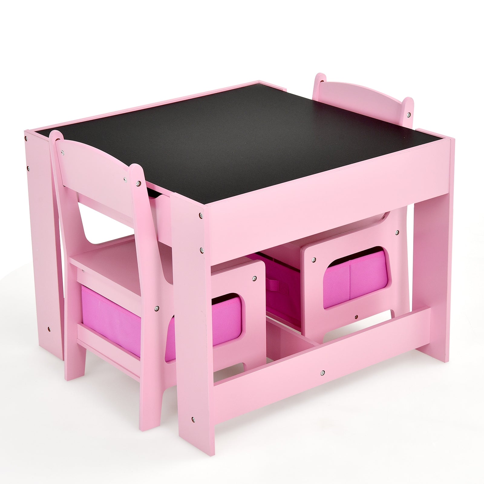 Kids Table Chairs Set With Storage Boxes Blackboard Whiteboard Drawing-Pink