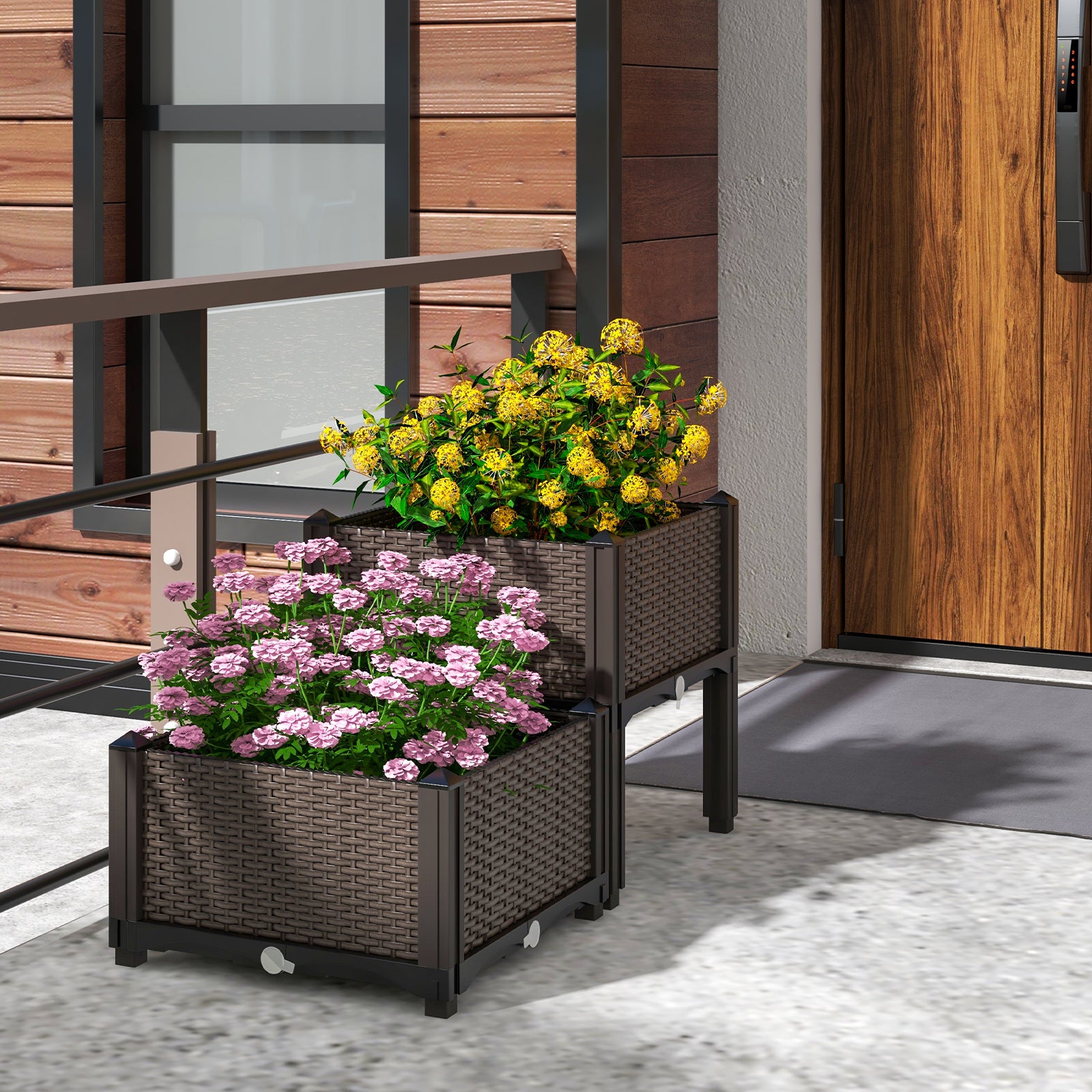 2 Set Elevated Plastic Raised Garden Bed Planter Kit for Flower Vegetable Grow-Brown