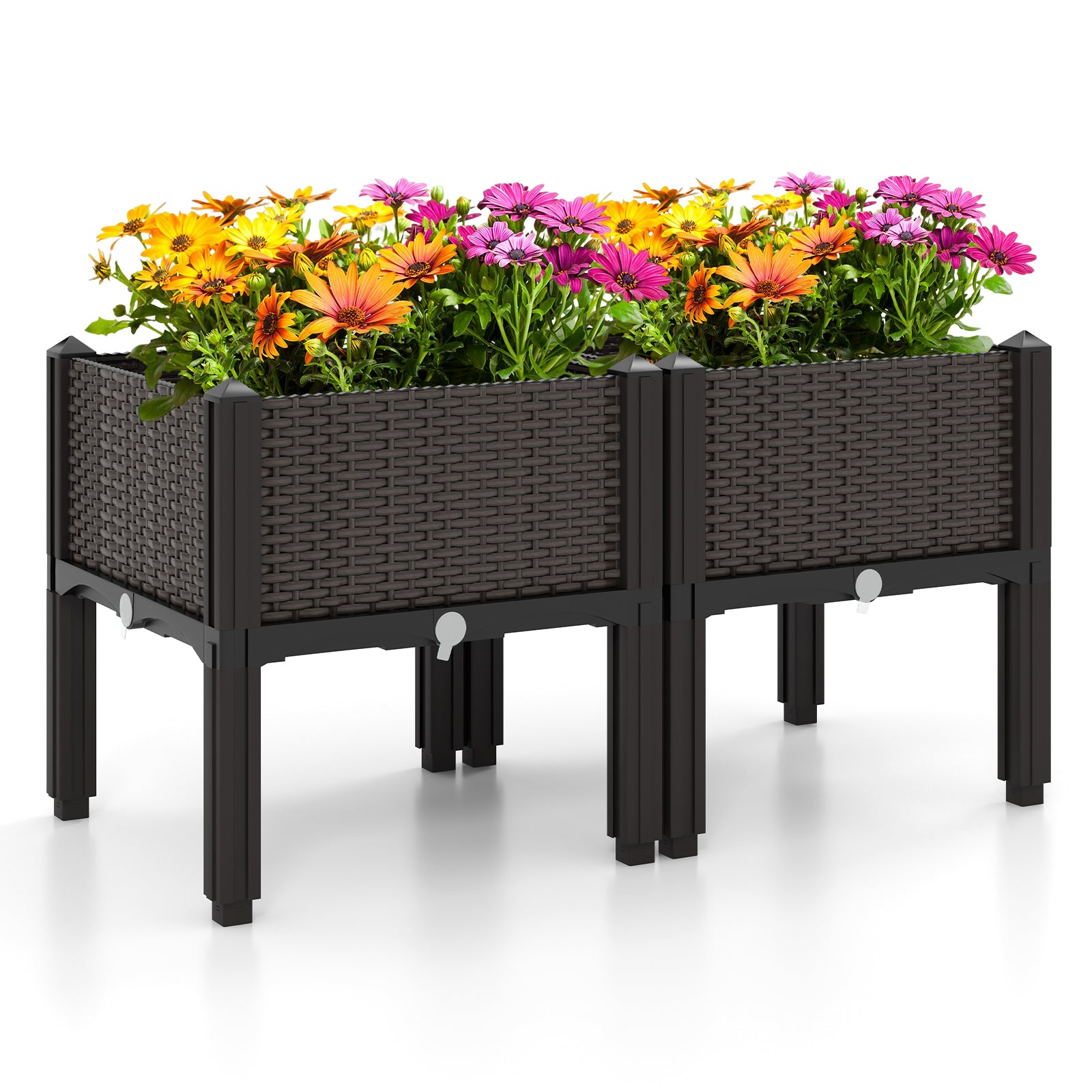 2 Set Elevated Plastic Raised Garden Bed Planter Kit for Flower Vegetable Grow-Brown 