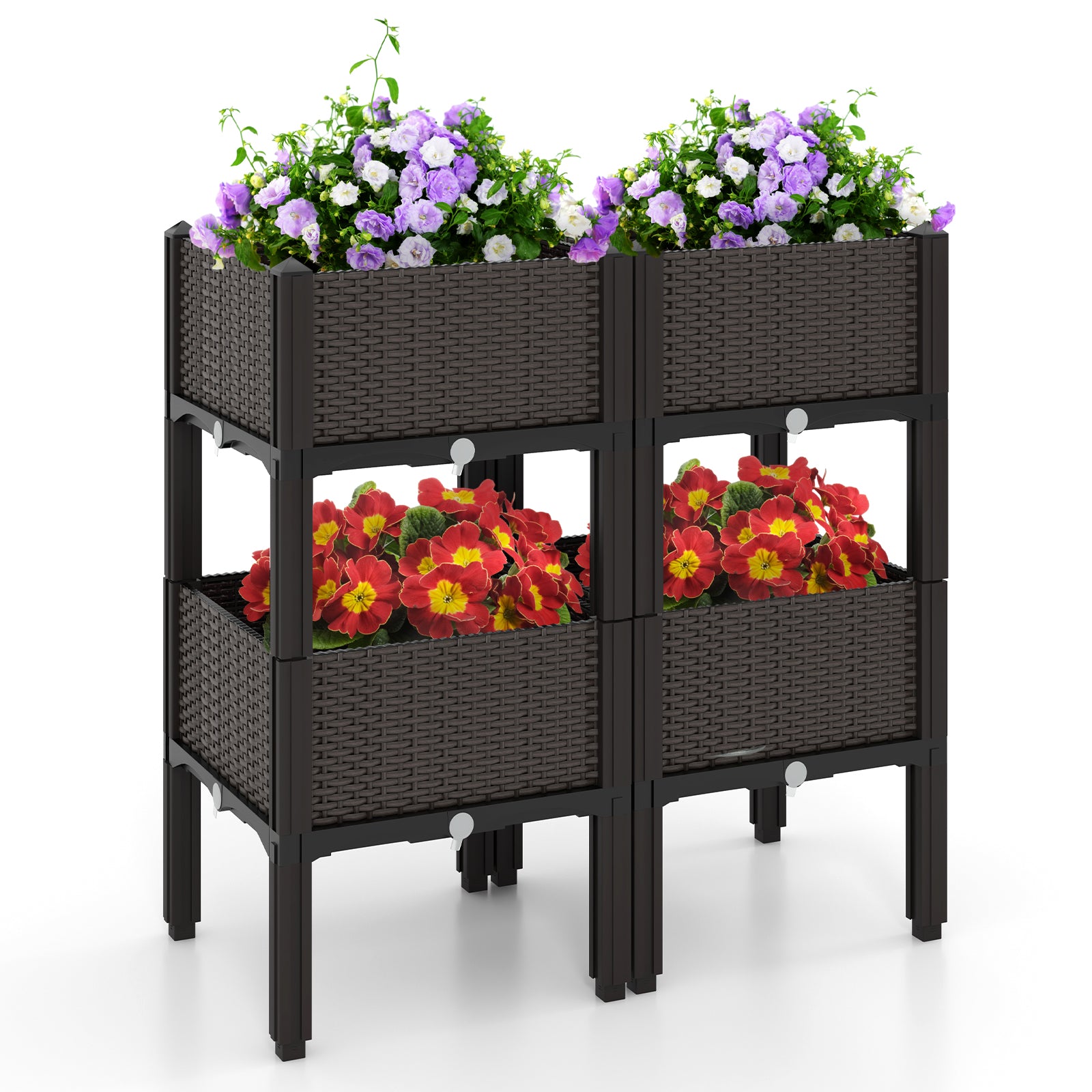 2 Set Elevated Plastic Raised Garden Bed Planter Kit for Flower Vegetable Grow-Brown 