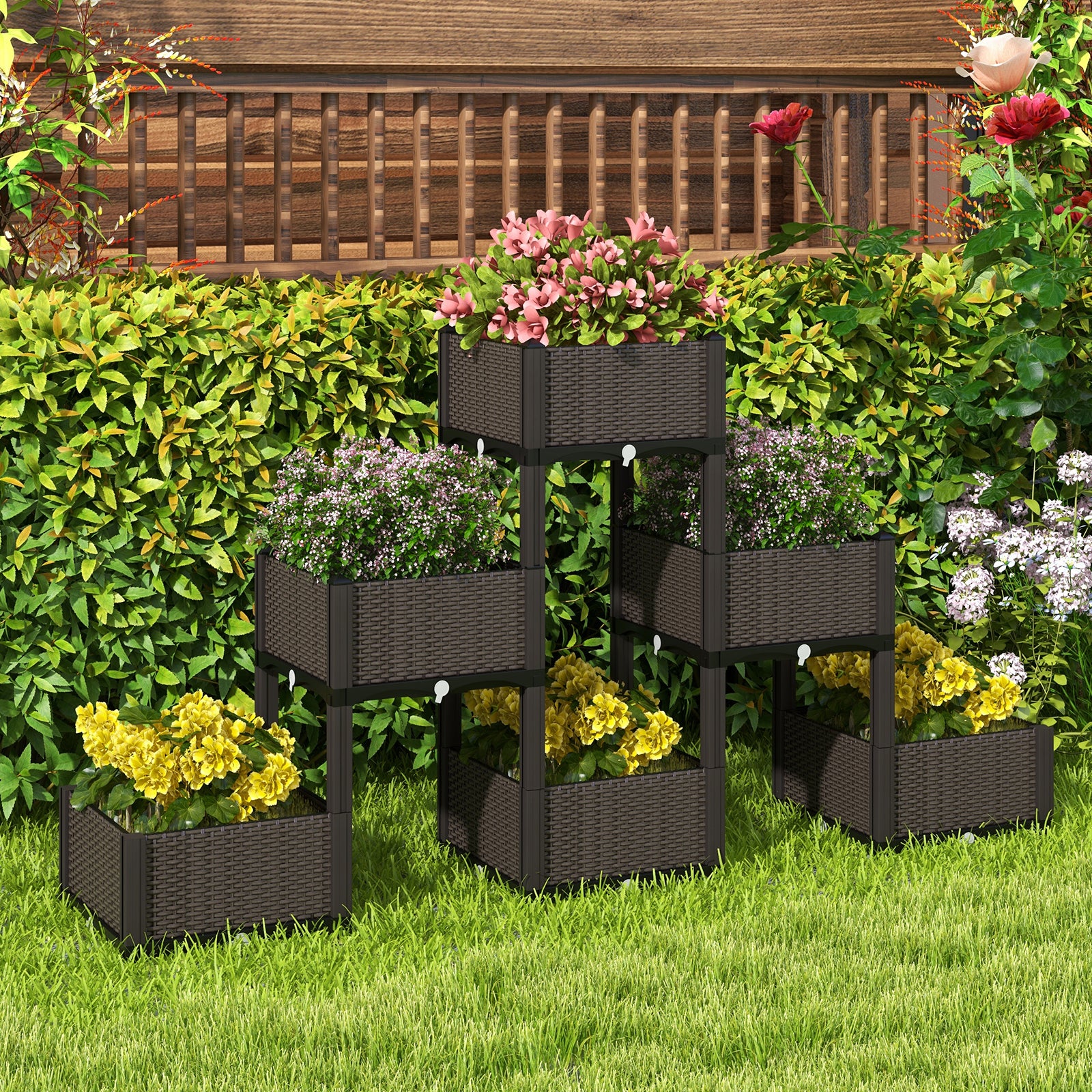 2 Set Elevated Plastic Raised Garden Bed Planter Kit for Flower Vegetable Grow-Brown 
