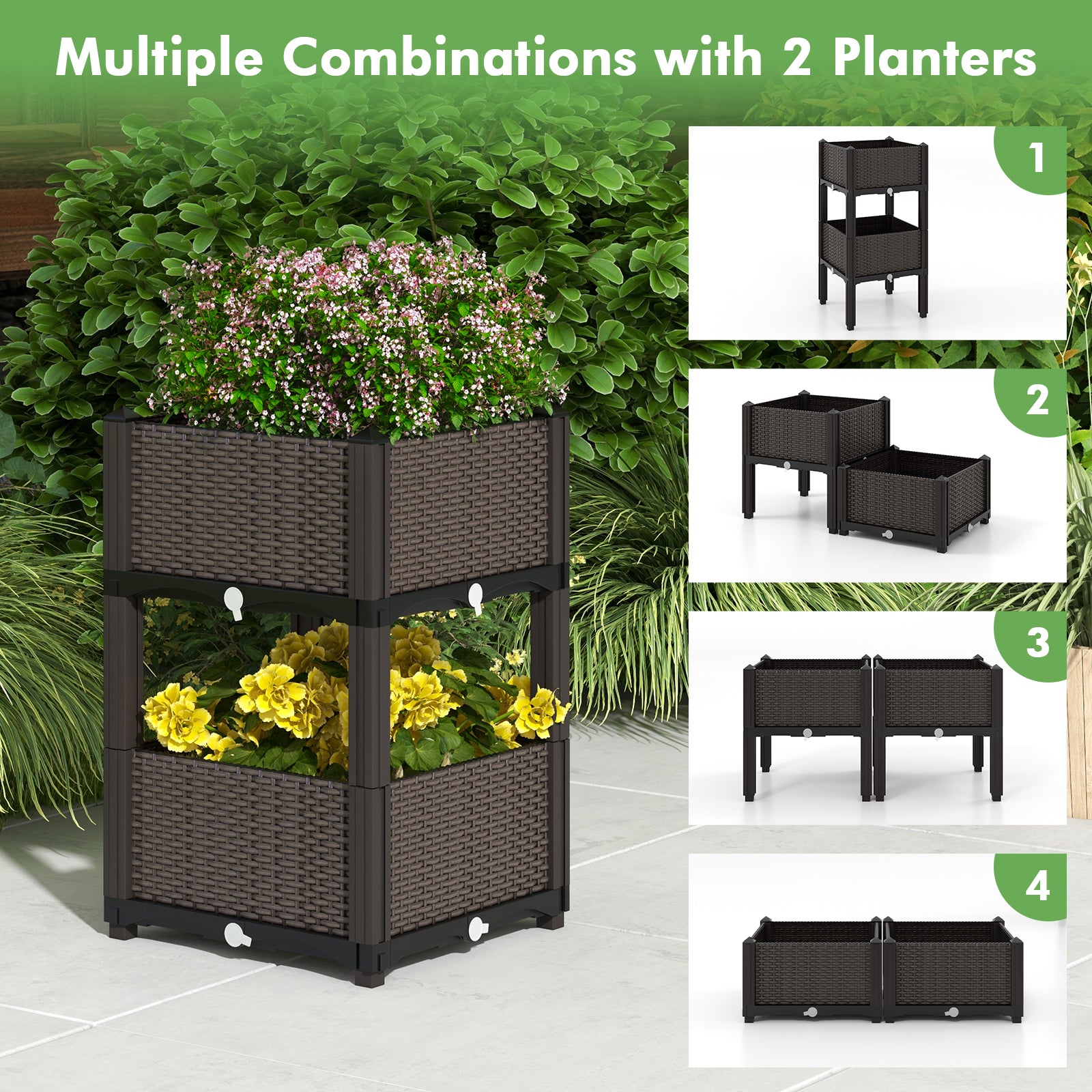 2 Set Elevated Plastic Raised Garden Bed Planter Kit for Flower Vegetable Grow-Brown 