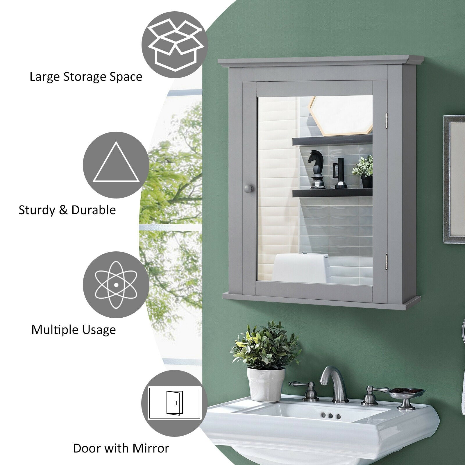 Bathroom Mirror Cabinet Wall Mounted Adjustable Shelf Medicine Storage-Gray