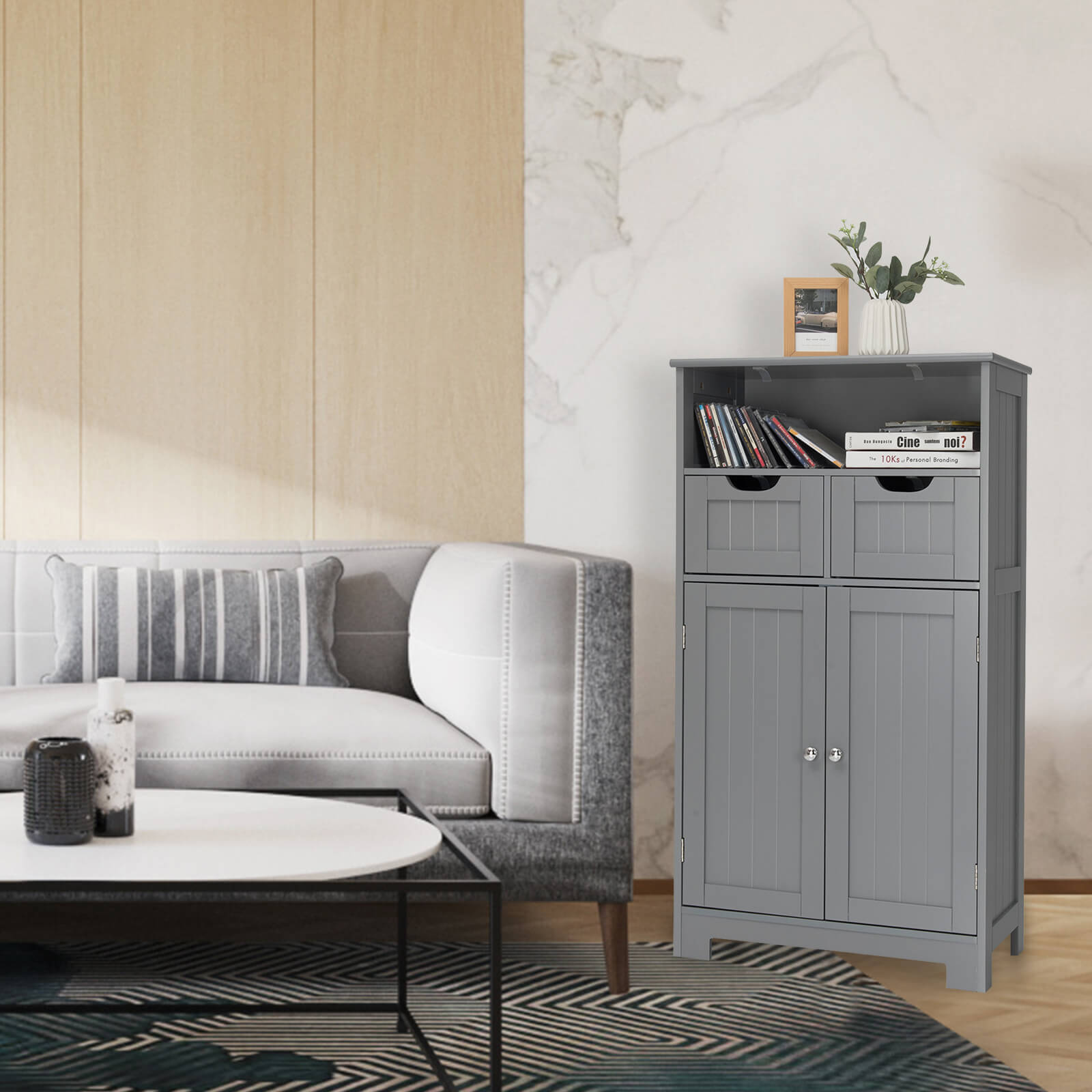 Bathroom Wooden Side Cabinet  with 2 Drawers and 2 Doors-GrayÂ 