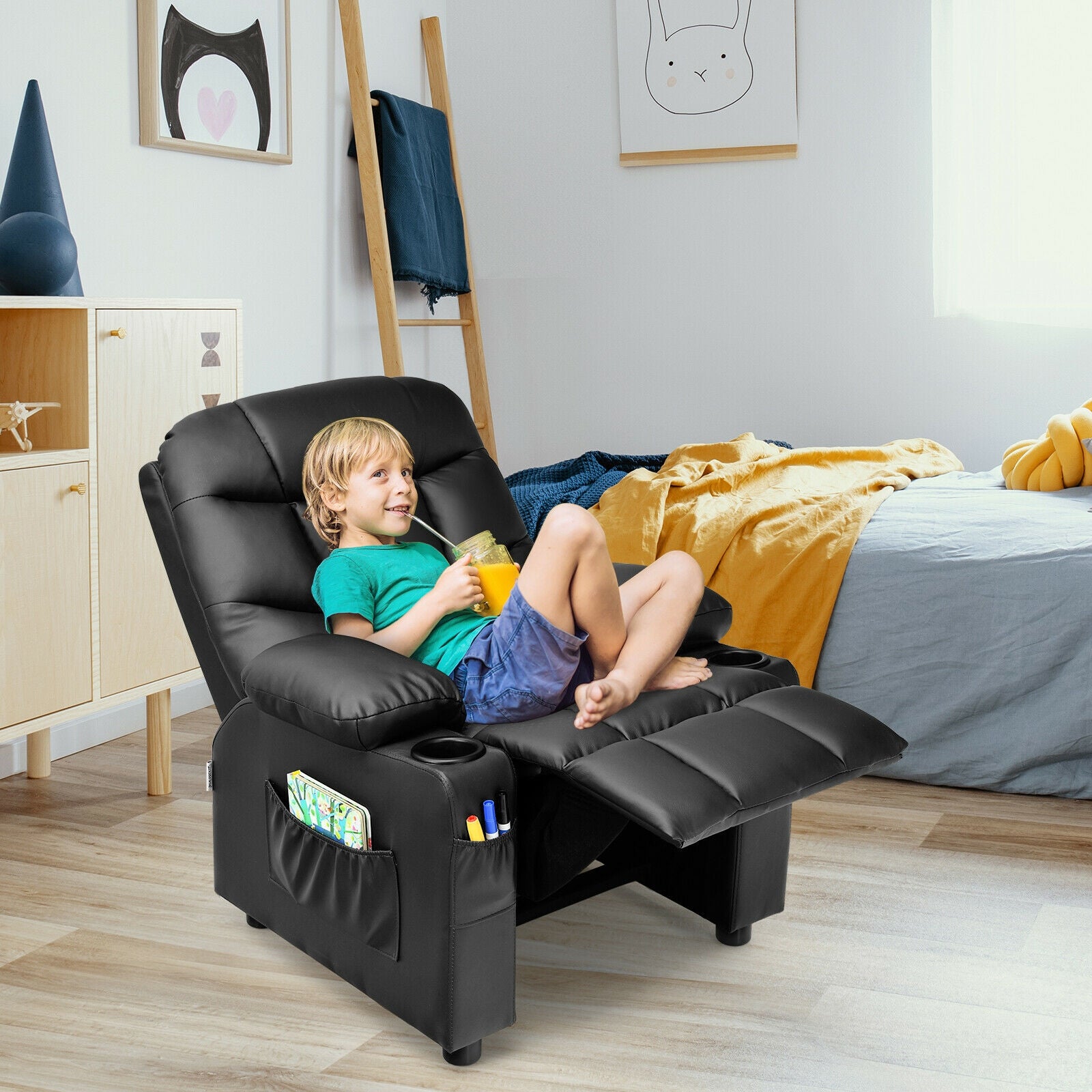 Kids Recliner Chair with Cup Holder and Footrest for Children-Black