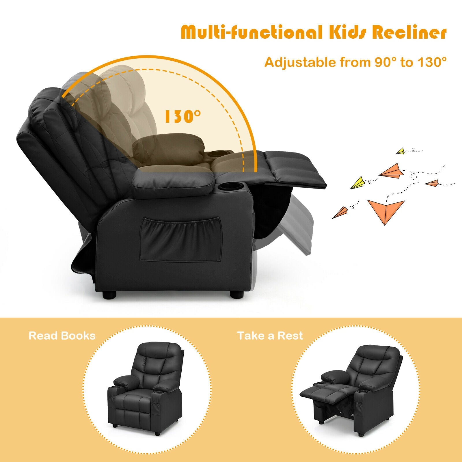 Kids Recliner Chair with Cup Holder and Footrest for Children-Black