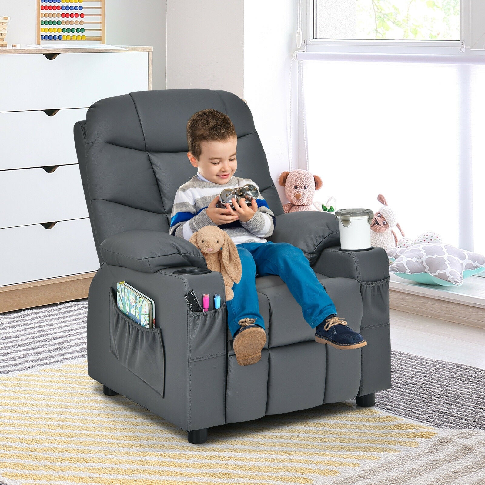 Kids Recliner Chair with Cup Holder and Footrest for Children-Gray