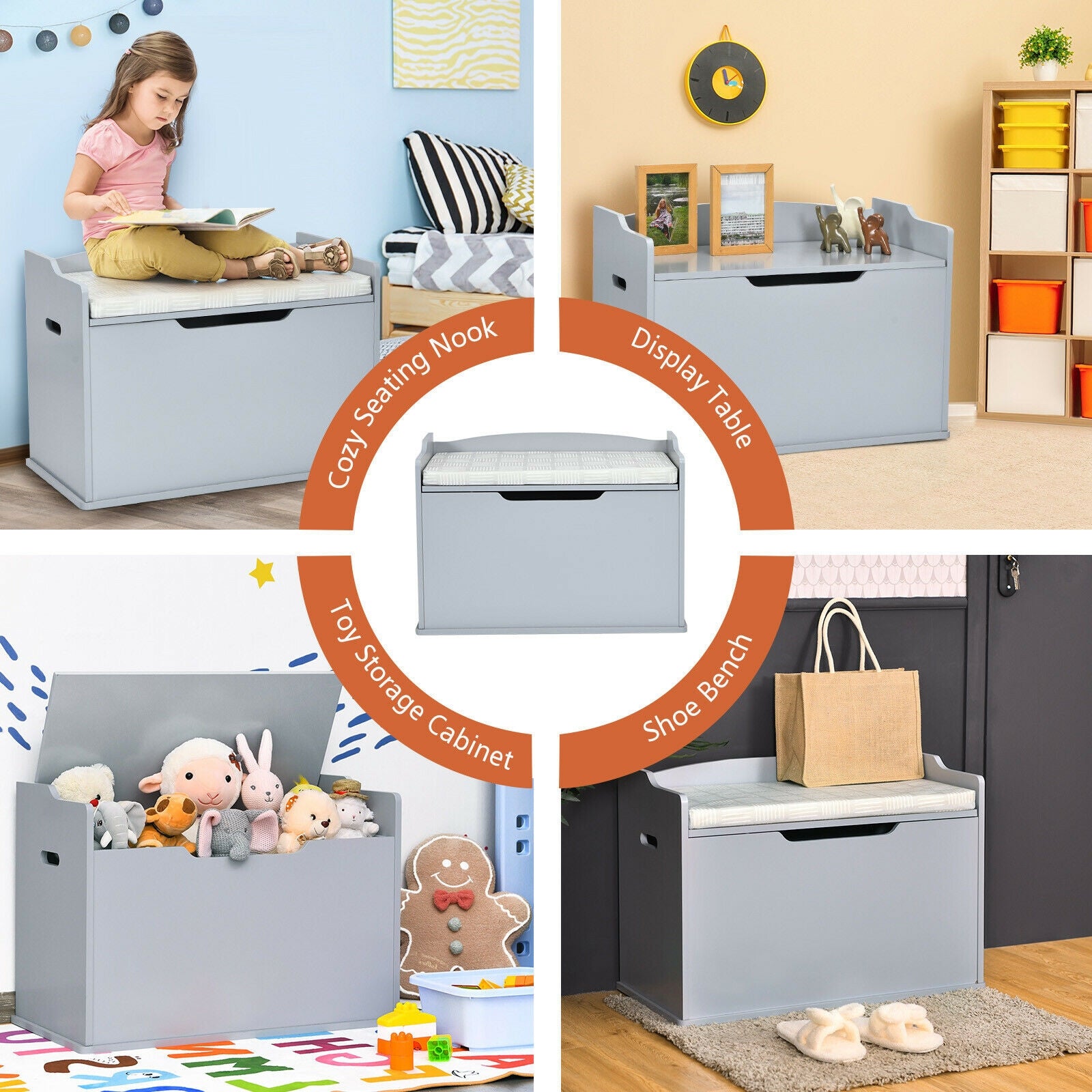 Kids Toy Wooden Flip-top Storage Box Chest Bench with Cushion Hinge-Gray