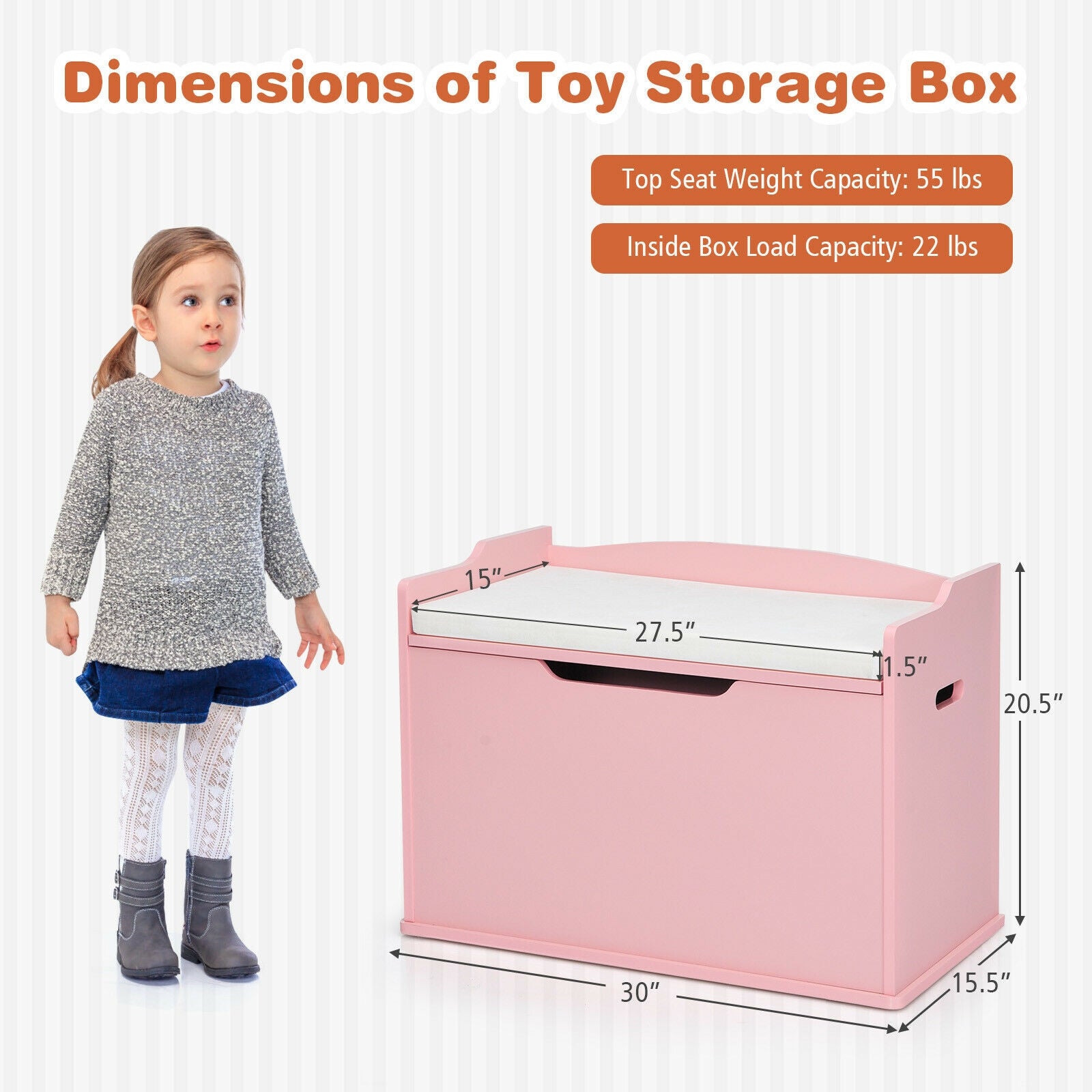 Kids Toy Wooden Flip-top Storage Box Chest Bench with Cushion Hinge-Pink