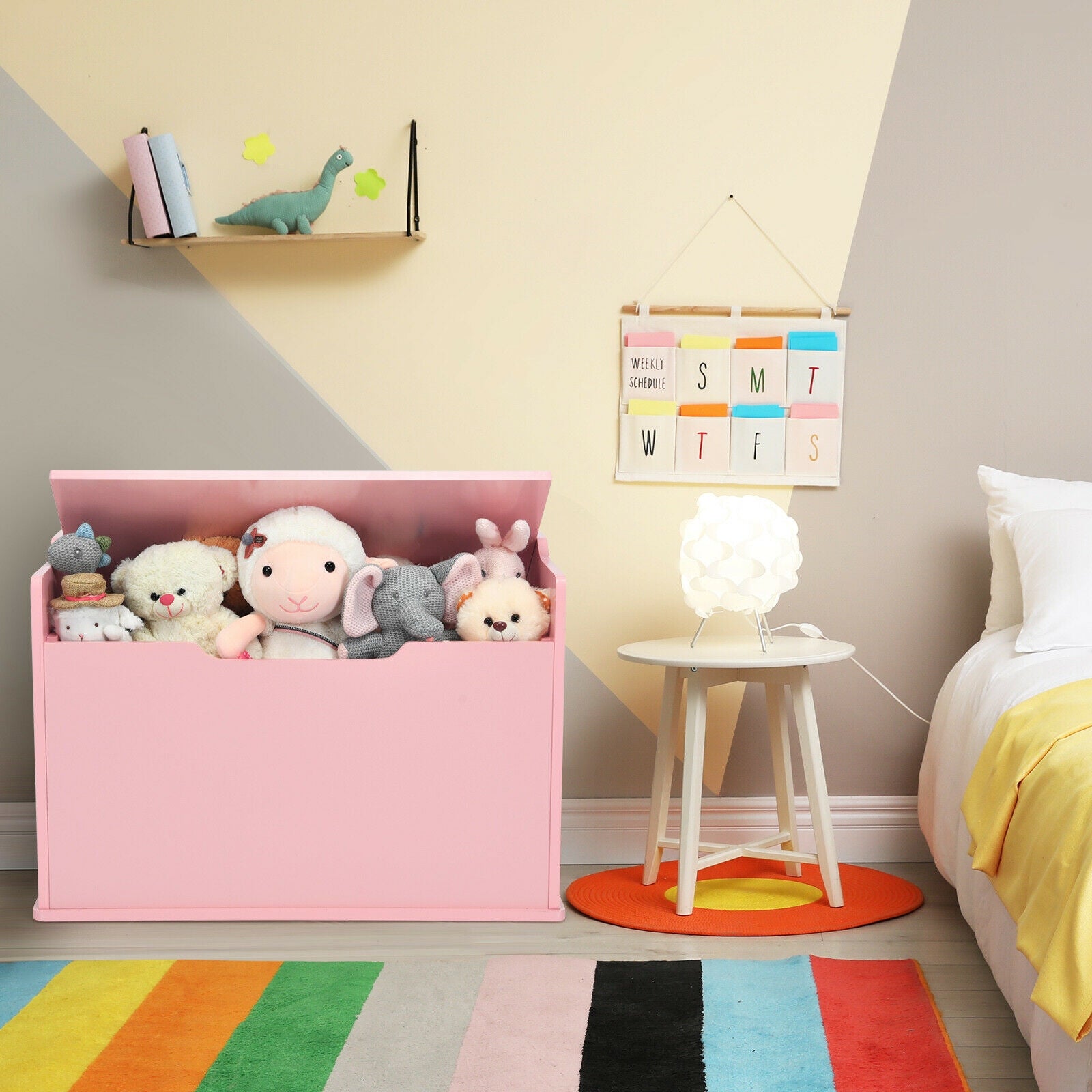 Kids Toy Wooden Flip-top Storage Box Chest Bench with Cushion Hinge-Pink