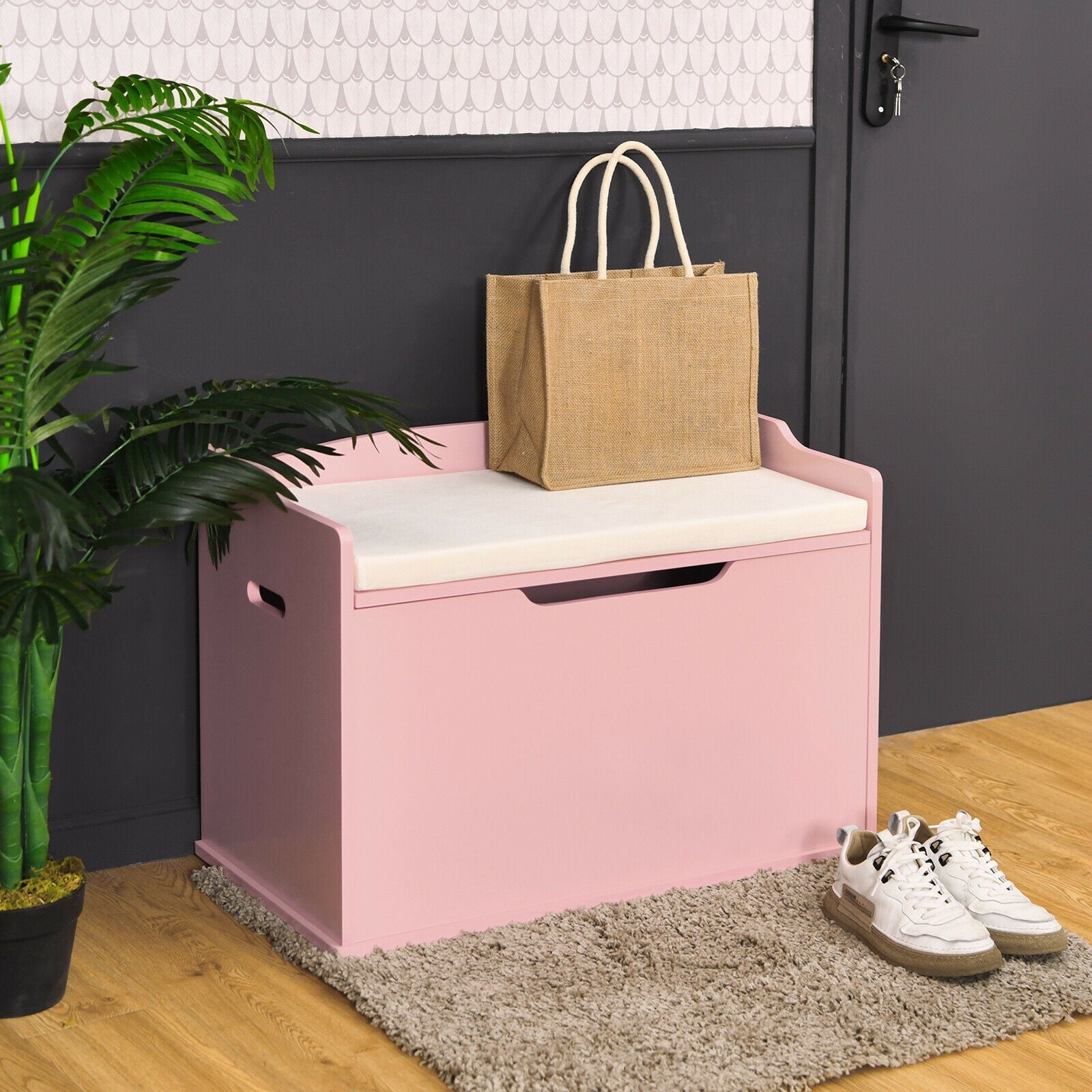 Kids Toy Wooden Flip-top Storage Box Chest Bench with Cushion Hinge-Pink