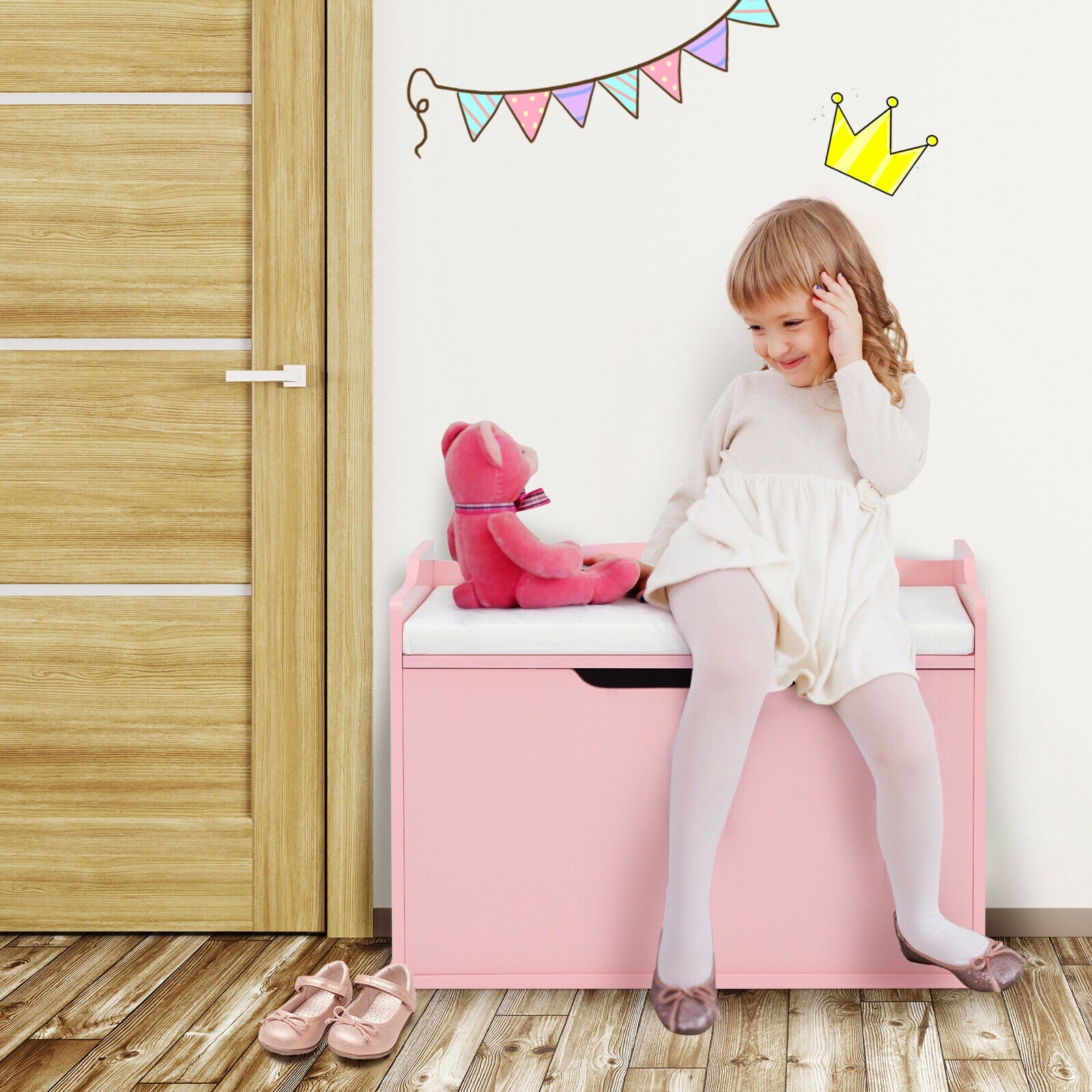 Kids Toy Wooden Flip-top Storage Box Chest Bench with Cushion Hinge-Pink