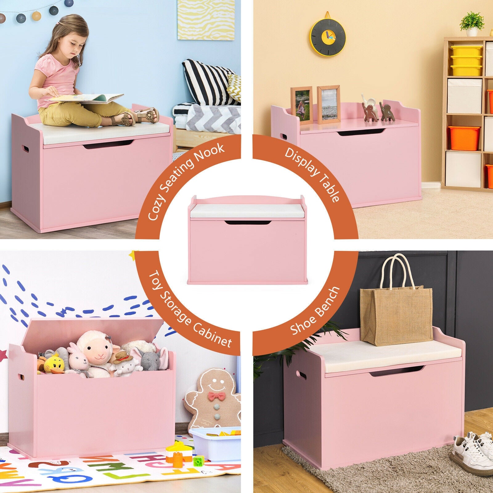 Kids Toy Wooden Flip-top Storage Box Chest Bench with Cushion Hinge-Pink