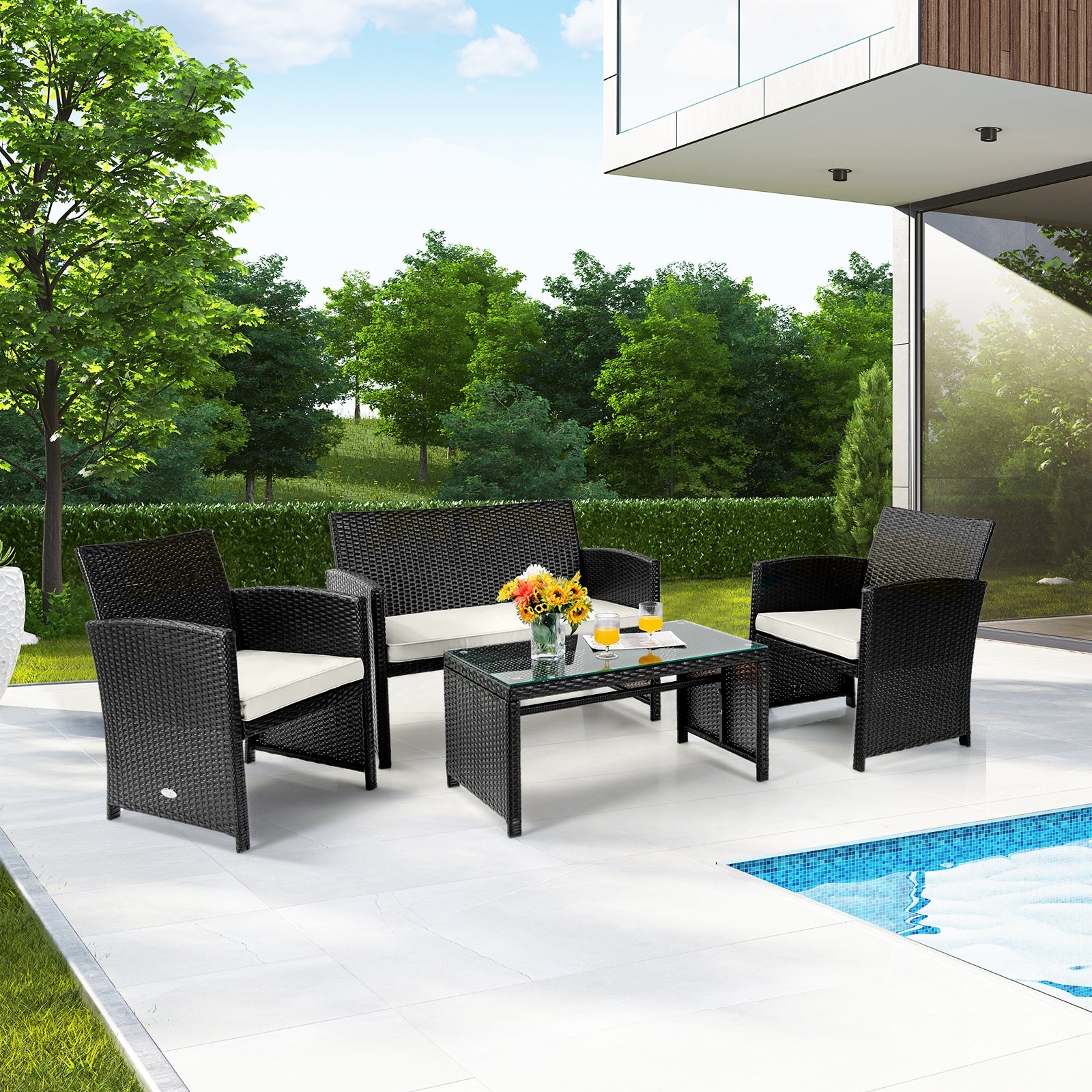 4Pcs Patio Rattan Cushioned Furniture Set-White