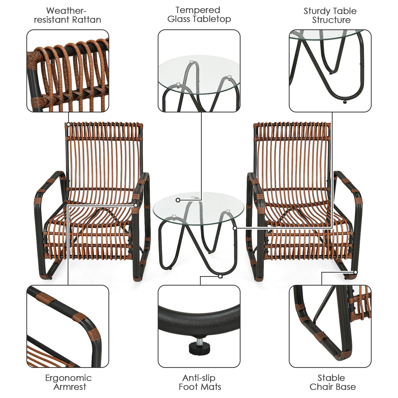 3 Pieces Patio Rattan Conversational Furniture Set