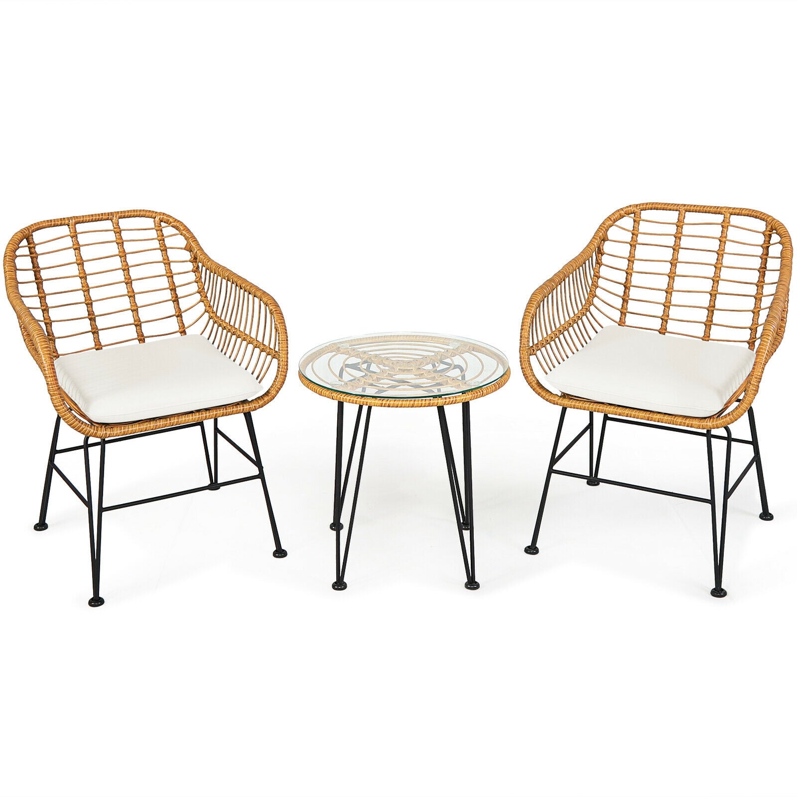 3 Pieces Rattan Furniture Set with Cushioned Chair Table-White