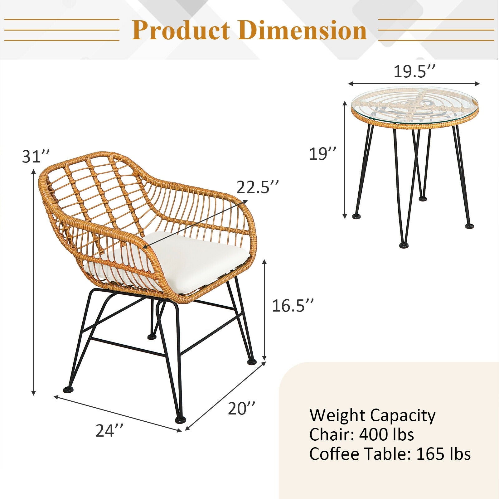 3 Pieces Rattan Furniture Set with Cushioned Chair Table-White