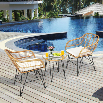 3 Pieces Rattan Furniture Set with Cushioned Chair Table-WhiteÂ 