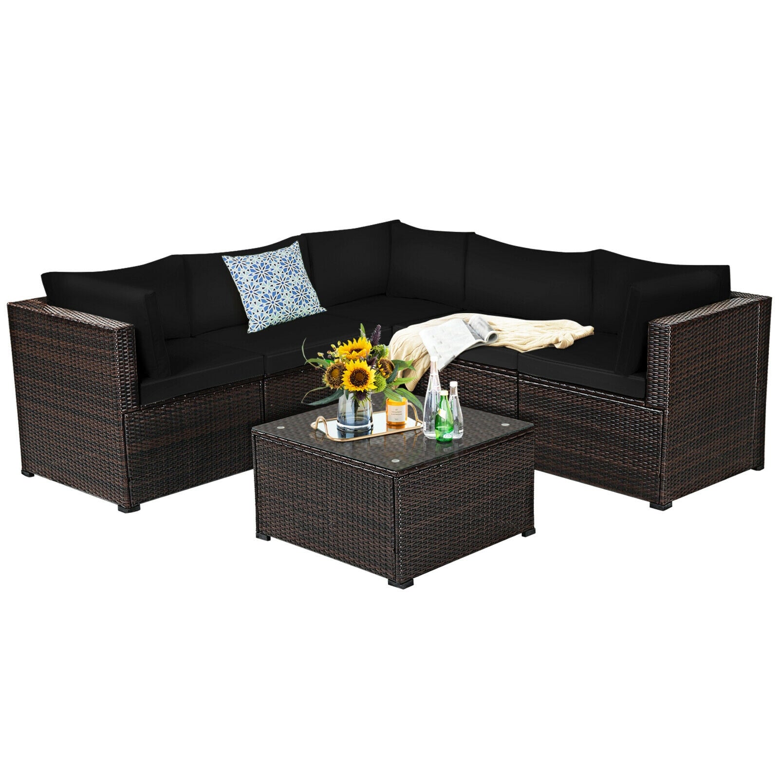 6 Pieces Patio Furniture Sofa Set with Cushions for Outdoor-Black